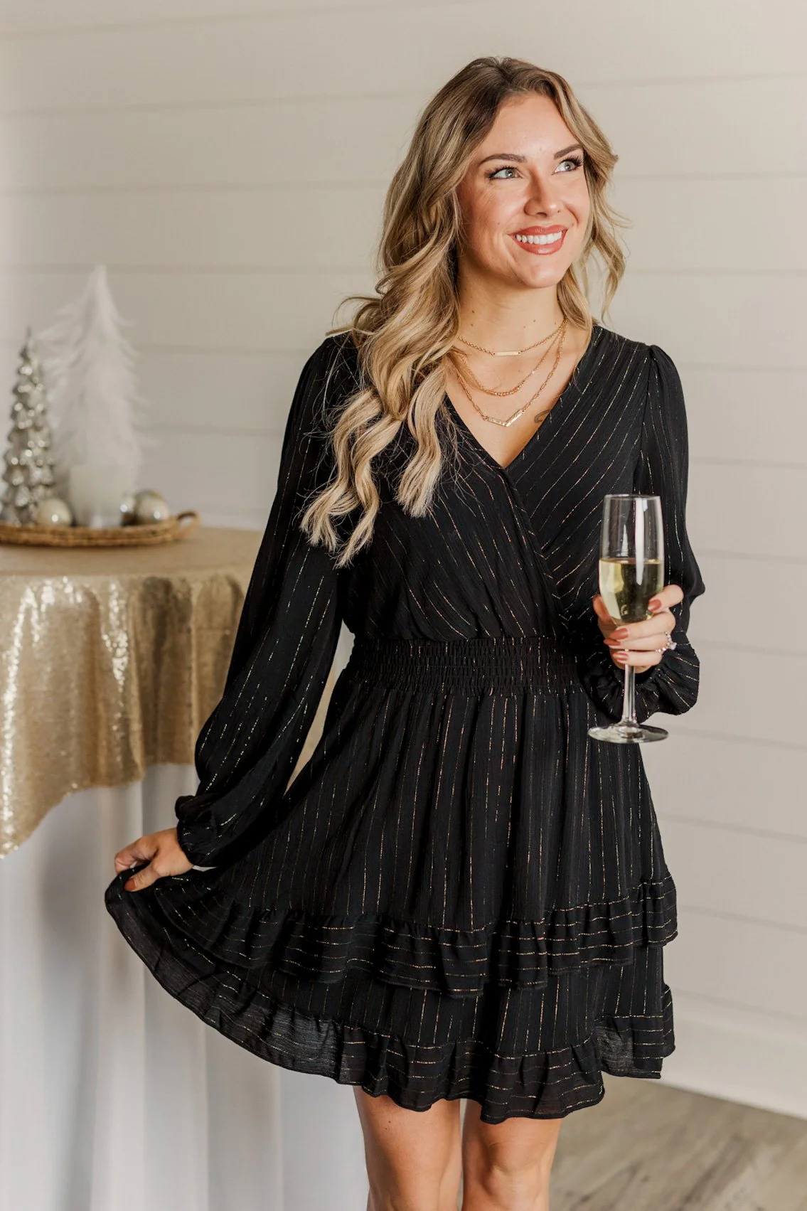 Shining Star Long Sleeve Dress- Black & Gold - Image 13
