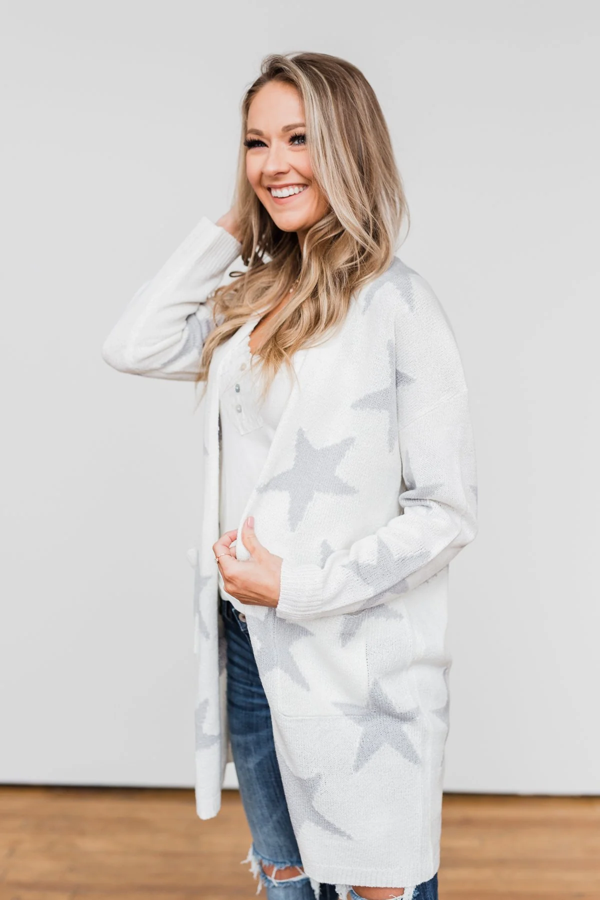 Shoot For The Stars Knit Cardigan- Ivory & Grey - Image 6