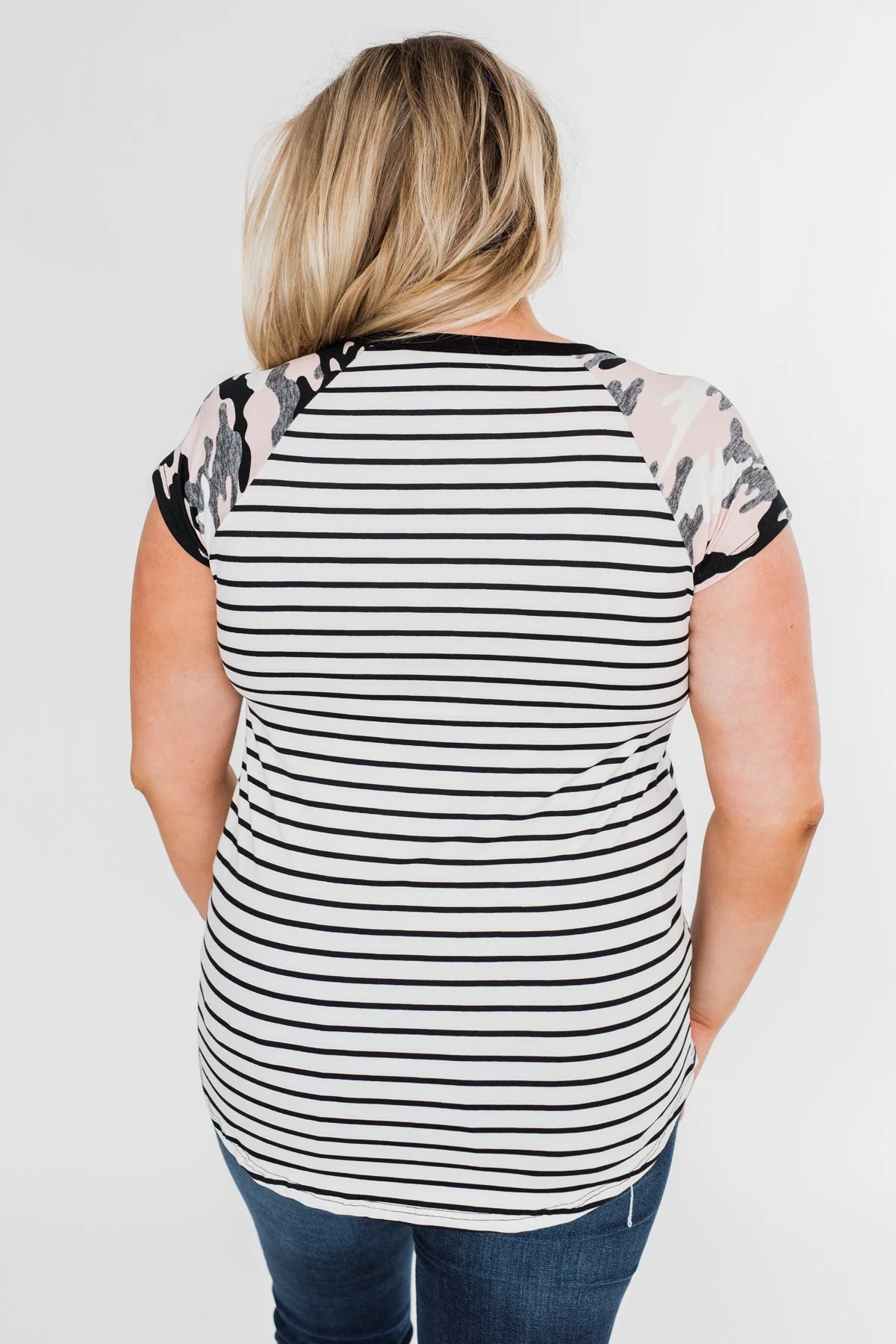 Short Sleeve Camo & Stripes Top- Pink Camo & Ivory - Image 10