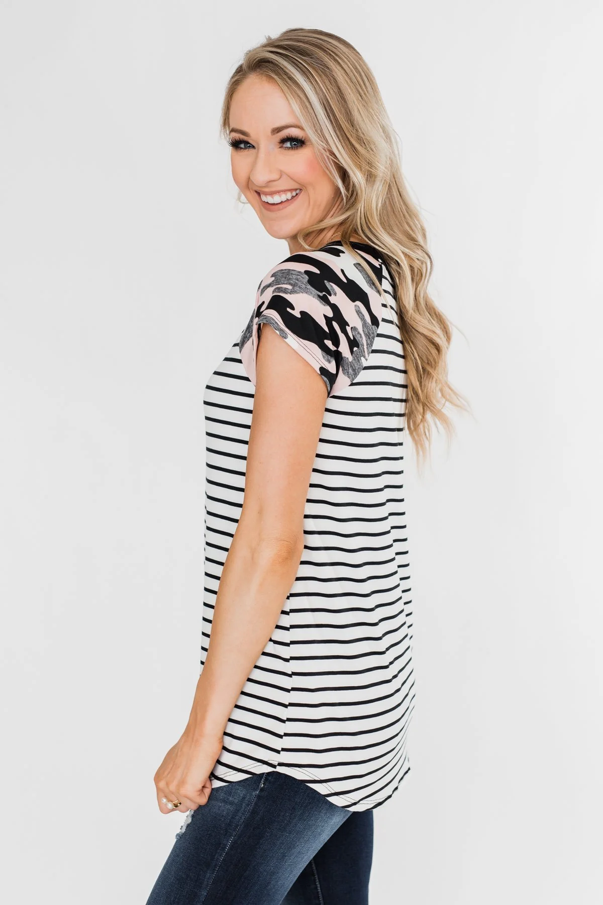 Short Sleeve Camo & Stripes Top- Pink Camo & Ivory - Image 7