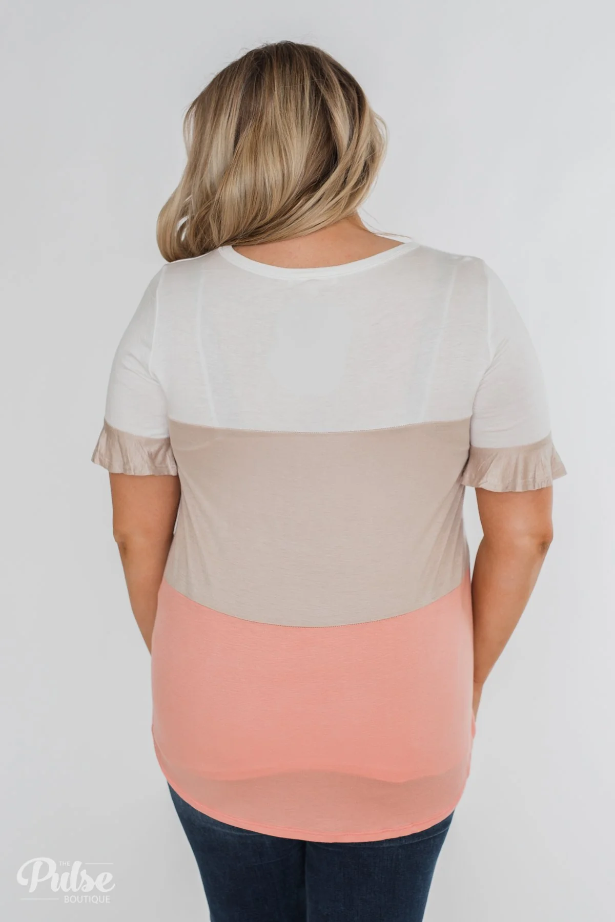 Short Sleeve Color Block Top- Taupe & Peach - Image 10