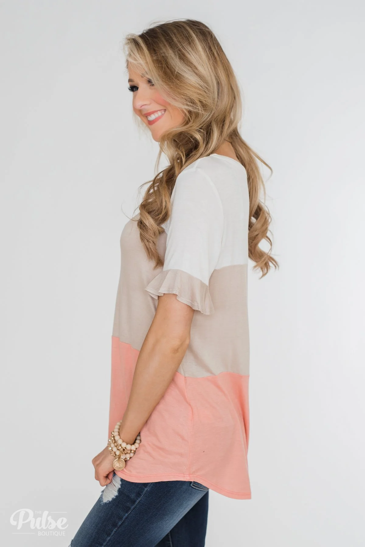 Short Sleeve Color Block Top- Taupe & Peach - Image 14