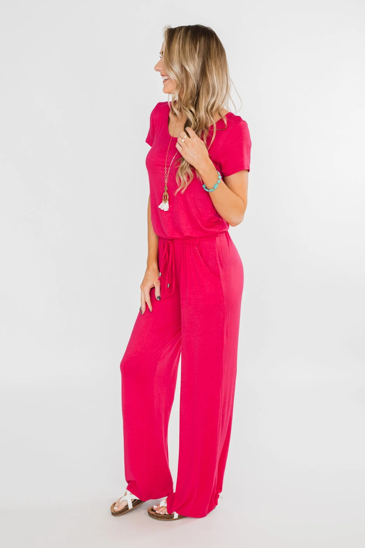 Short Sleeve Drawstring Jumpsuit- Fuchsia - Image 10