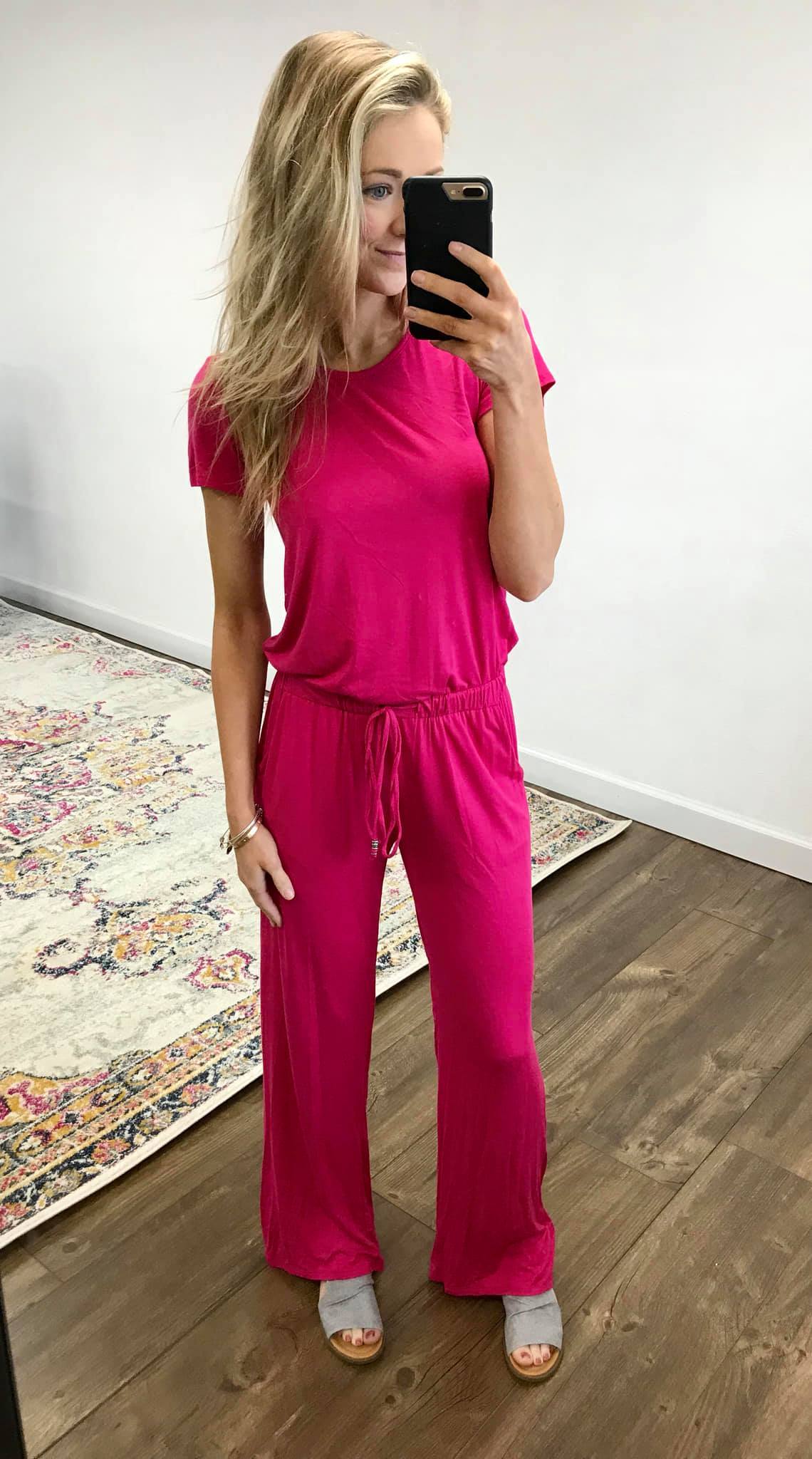 Short Sleeve Drawstring Jumpsuit- Fuchsia - Image 14