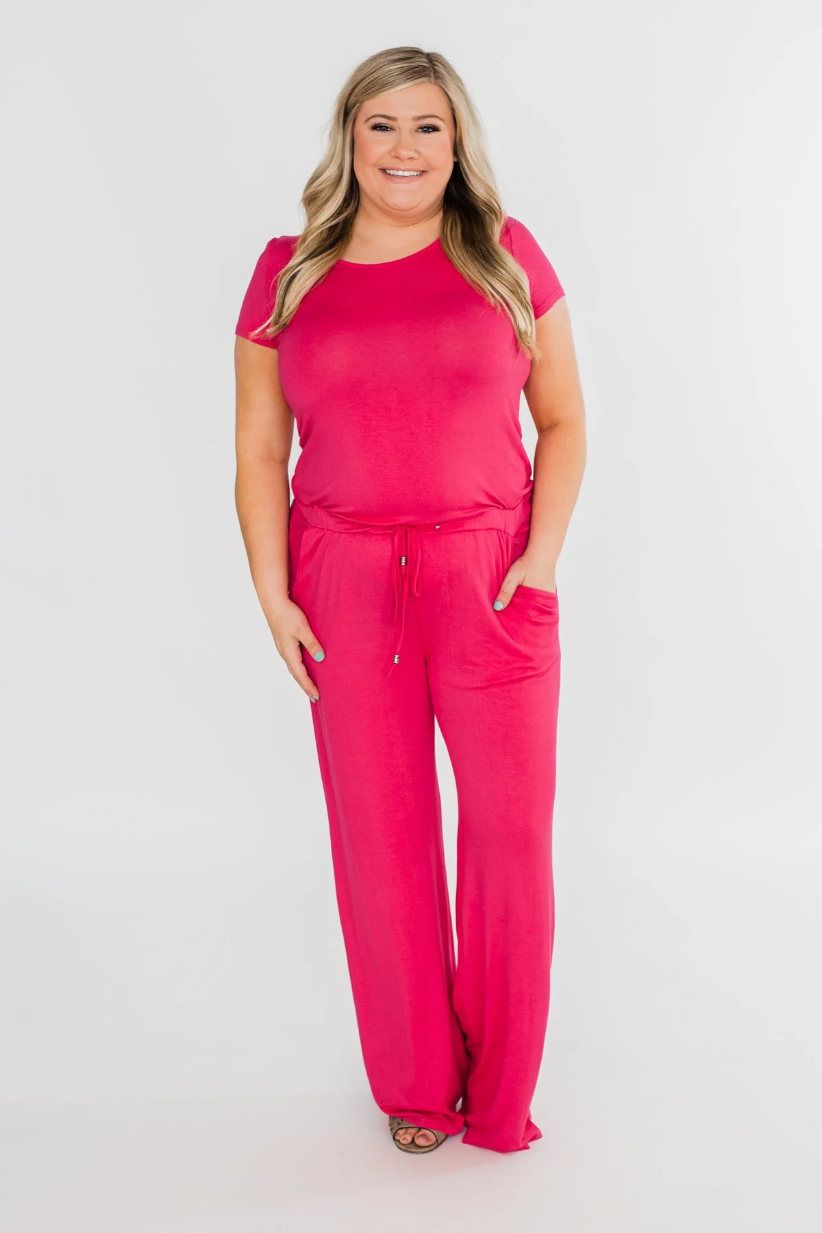 Short Sleeve Drawstring Jumpsuit- Fuchsia - Image 7
