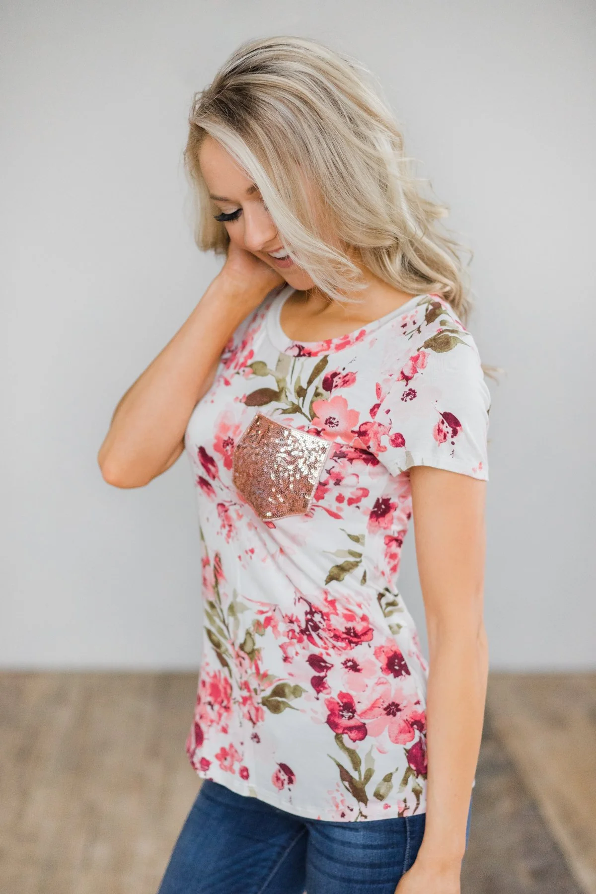 Short Sleeve Floral Glam Pocket Top- Pink & Ivory - Image 3