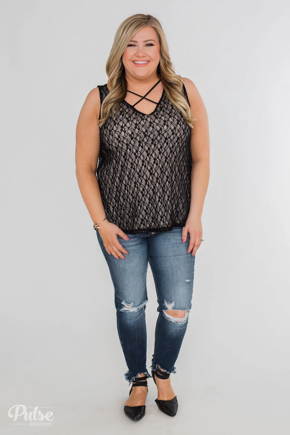 Show It Off Criss-Cross Lace Tank- Black - Image 3