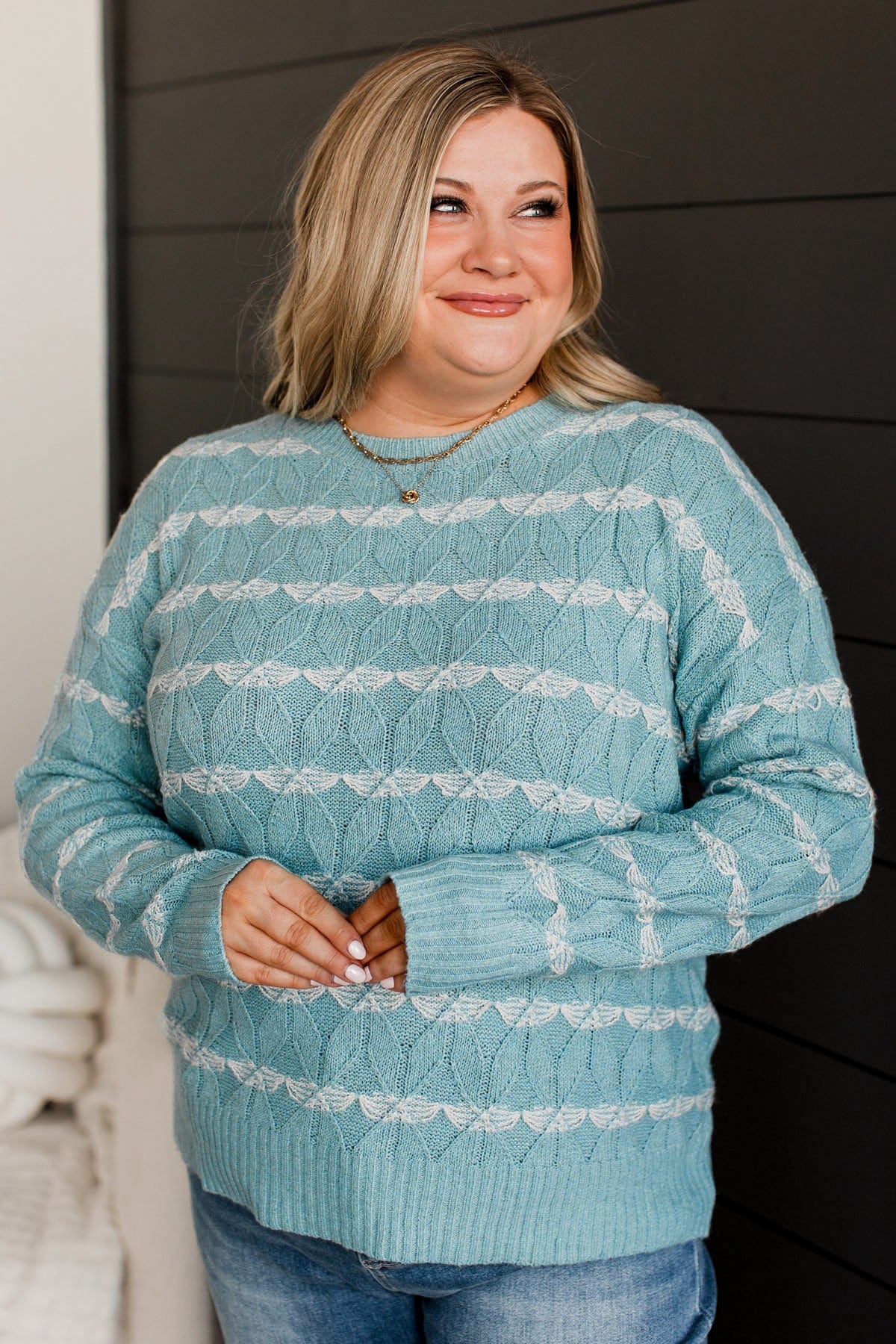 Show Me Off Striped Knit Sweater- Dusty Teal - Image 3