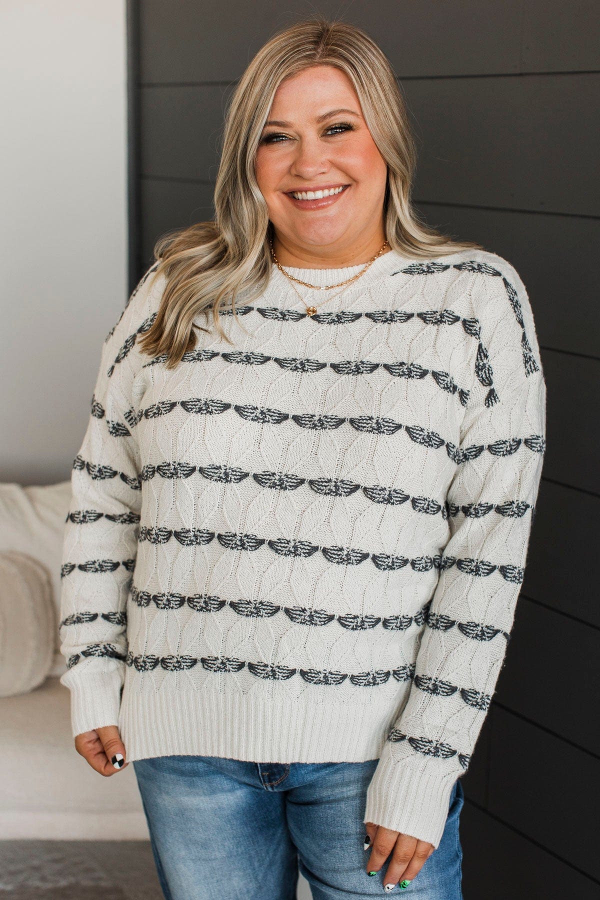 Show Me Off Striped Knit Sweater- Ivory & Charcoal - Image 4