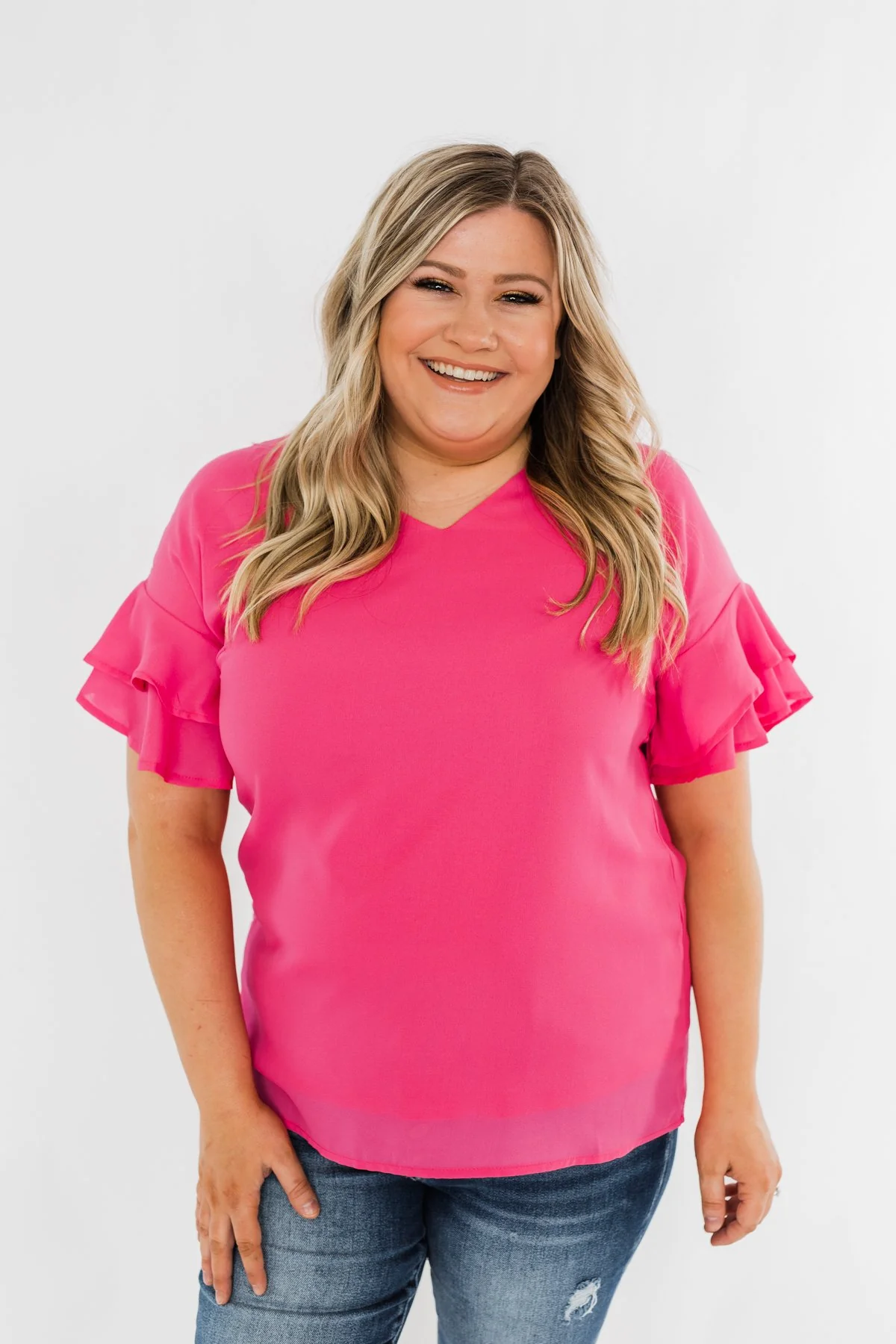 Show Me The Way Ruffle Sleeve Blouse- Hot Pink