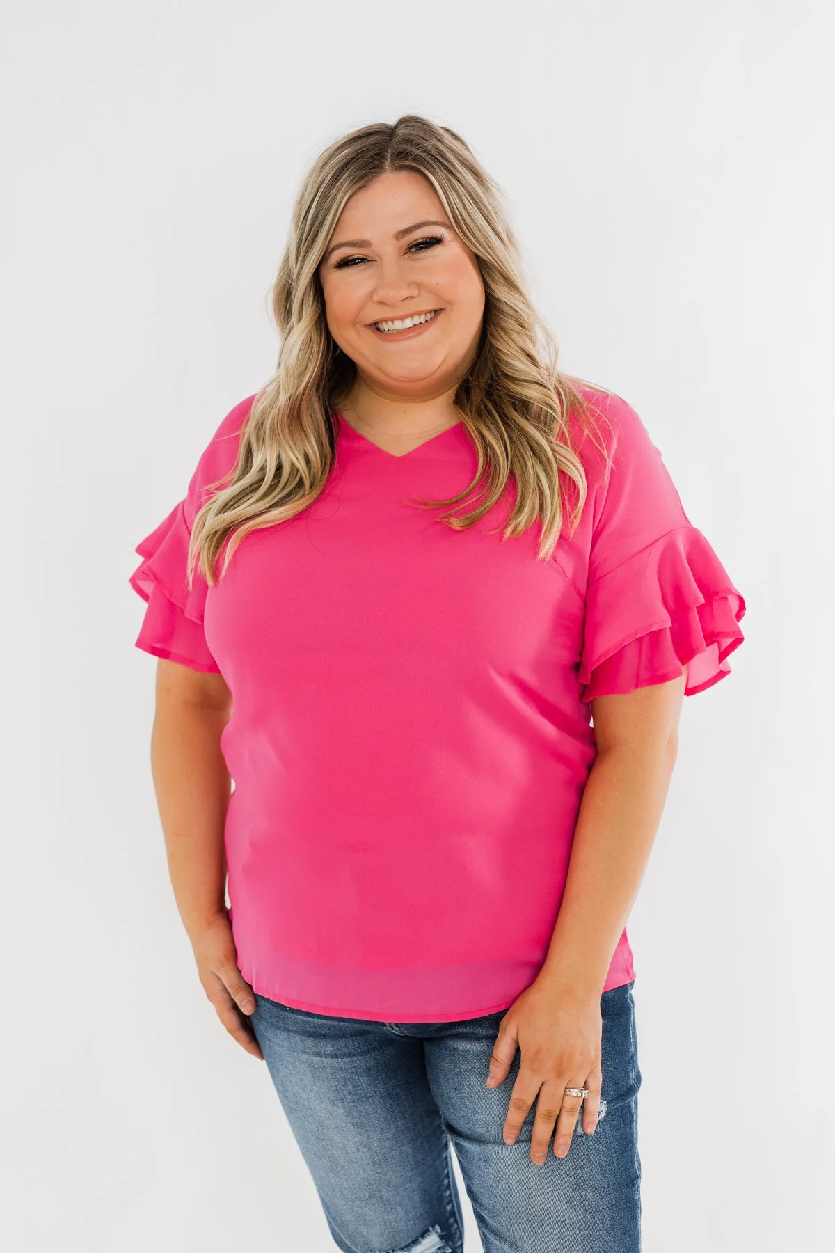 Show Me The Way Ruffle Sleeve Blouse- Hot Pink - Image 5