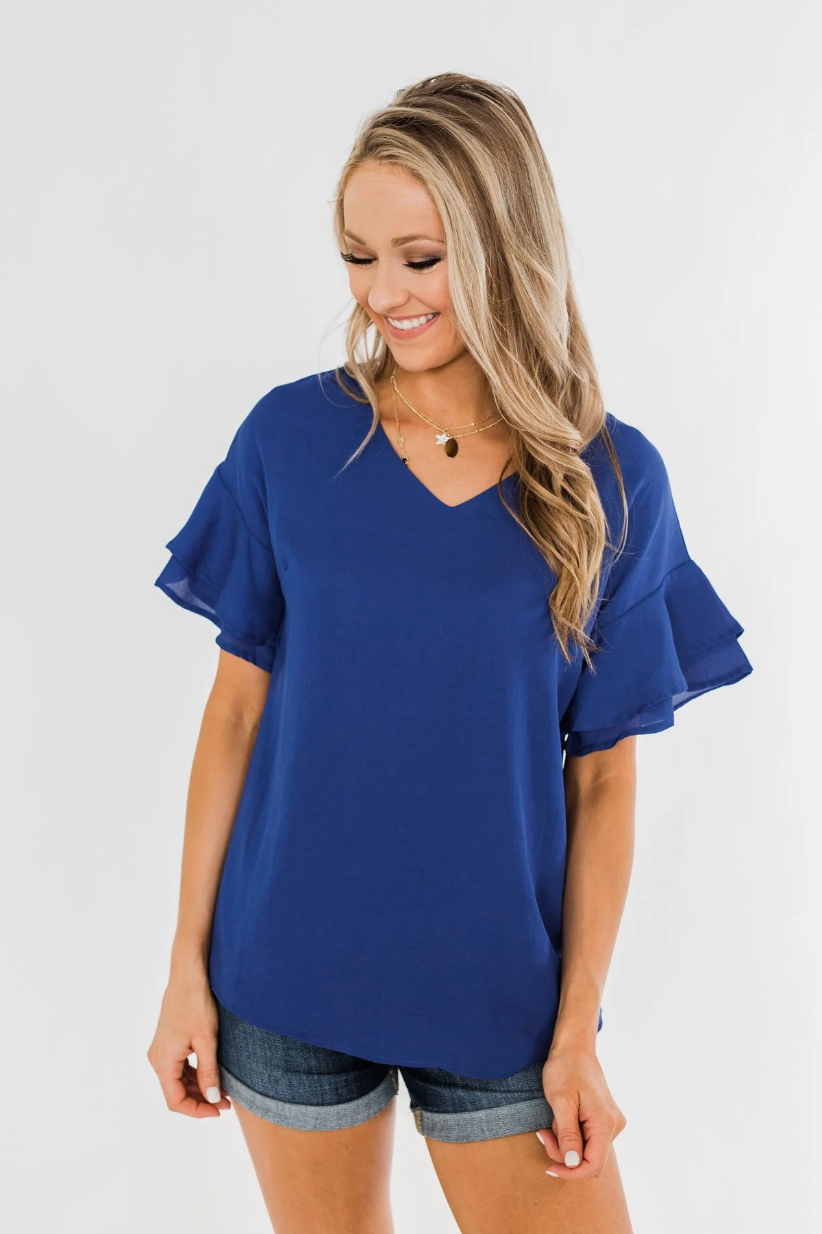 Show Me The Way Ruffle Sleeve Blouse- Royal Blue - Image 2