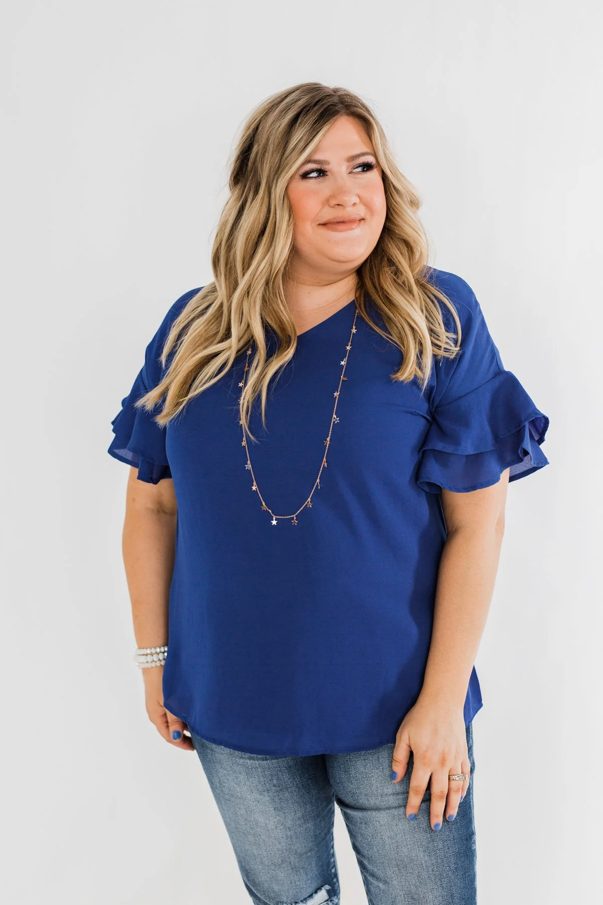 Show Me The Way Ruffle Sleeve Blouse- Royal Blue - Image 4