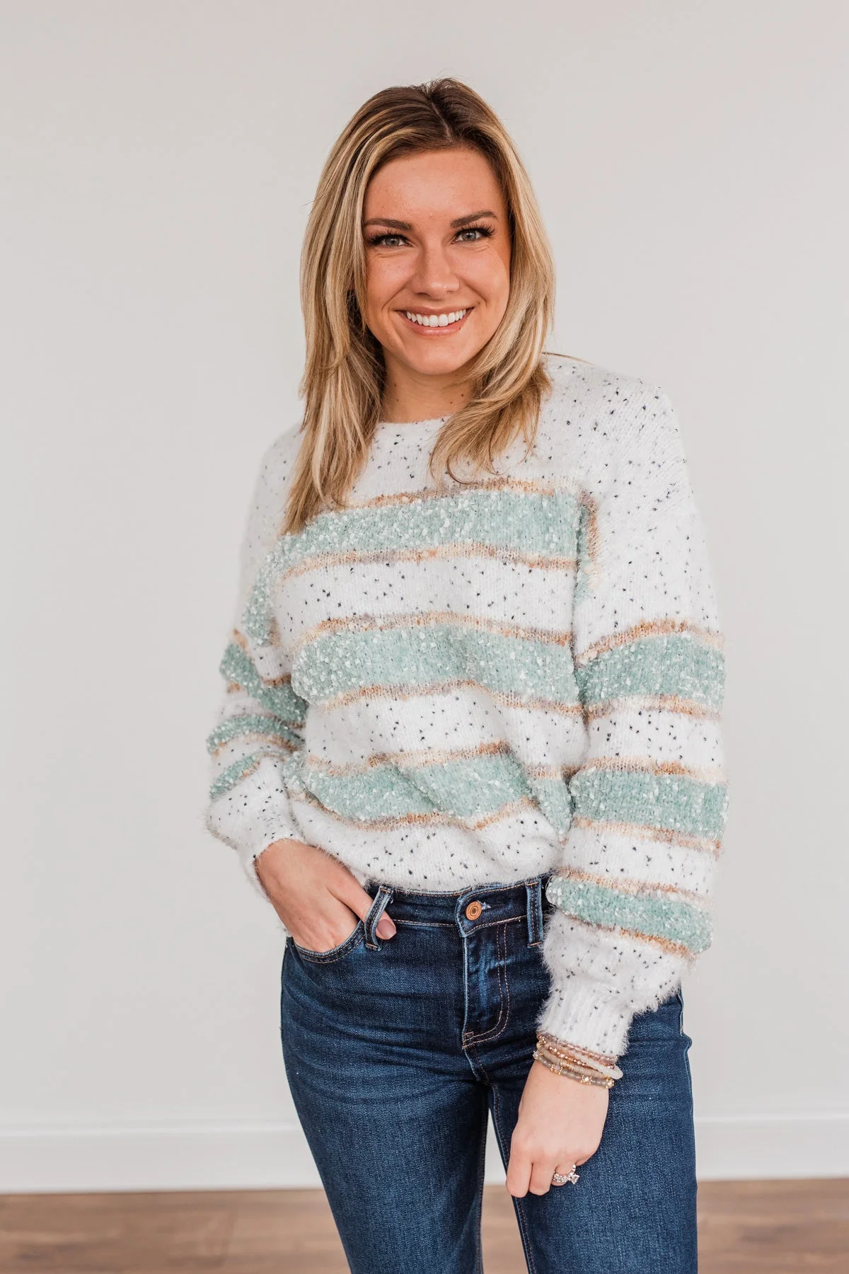 Show Off Your Sparkle Chenille Sweater- Ivory & Mint - Image 3