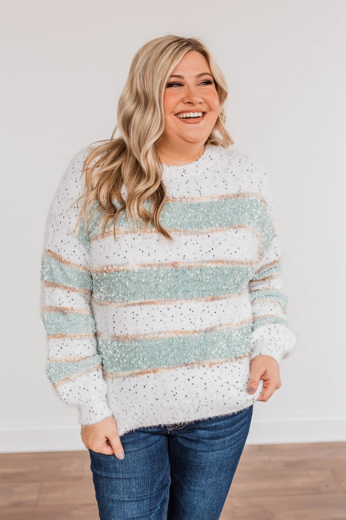 Show Off Your Sparkle Chenille Sweater- Ivory & Mint - Image 4
