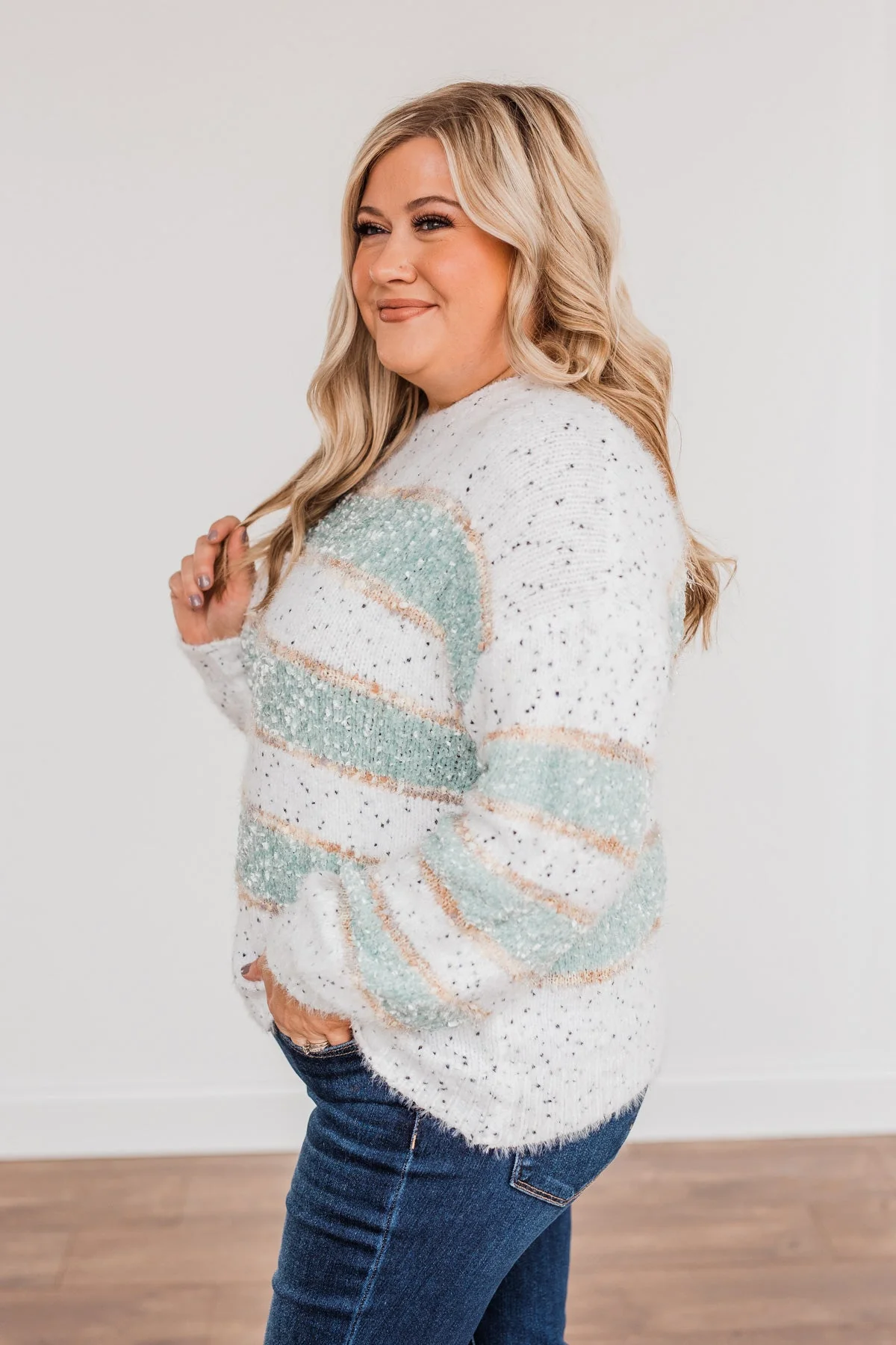 Show Off Your Sparkle Chenille Sweater- Ivory & Mint - Image 6