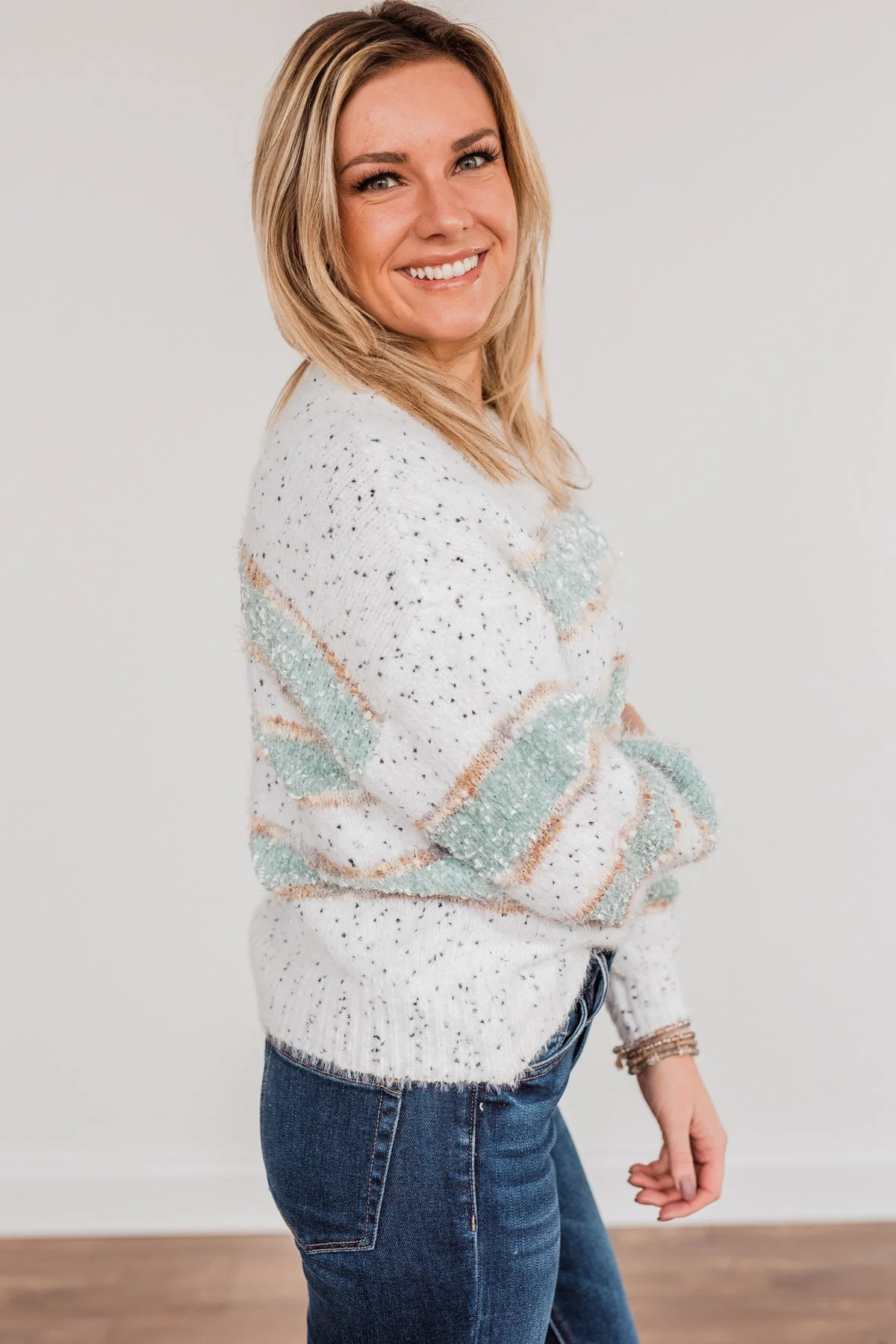 Show Off Your Sparkle Chenille Sweater- Ivory & Mint - Image 7