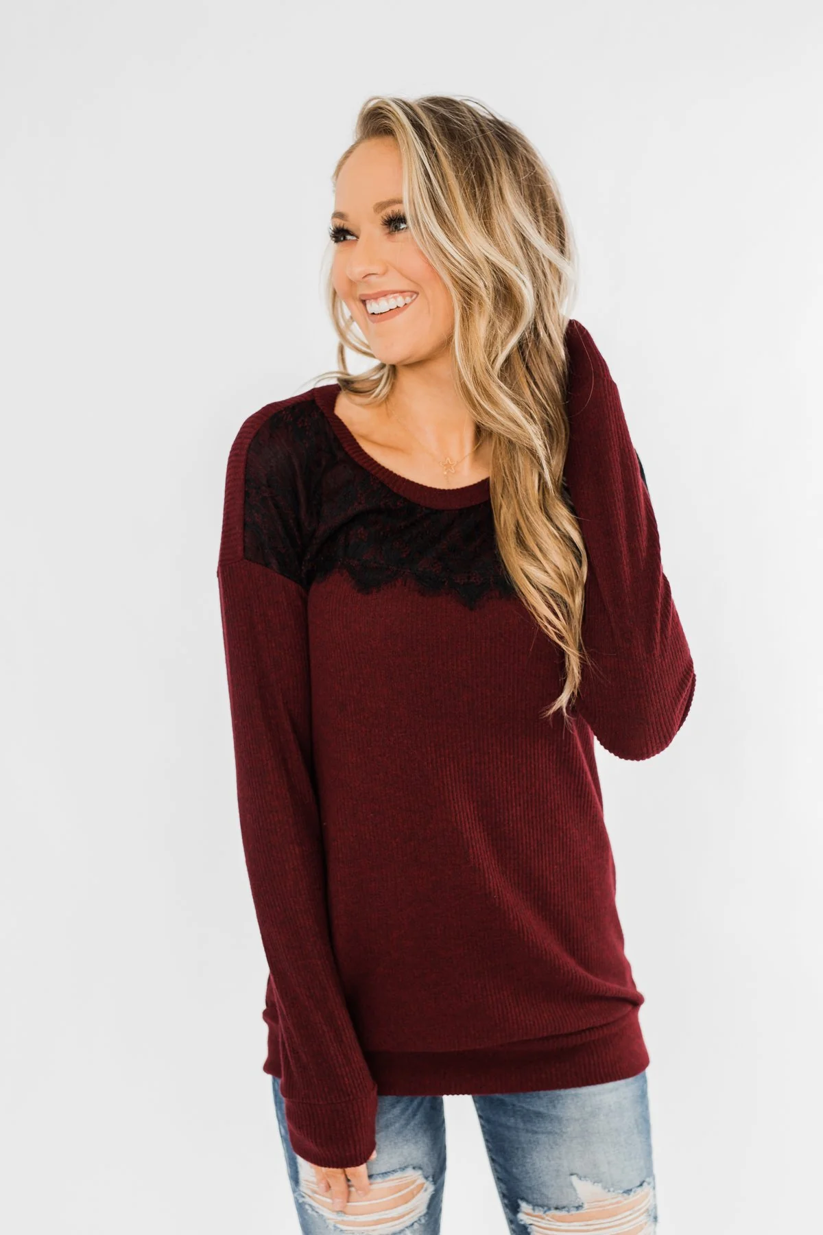 Show Stopper Black Lace Top- Burgundy - Image 2