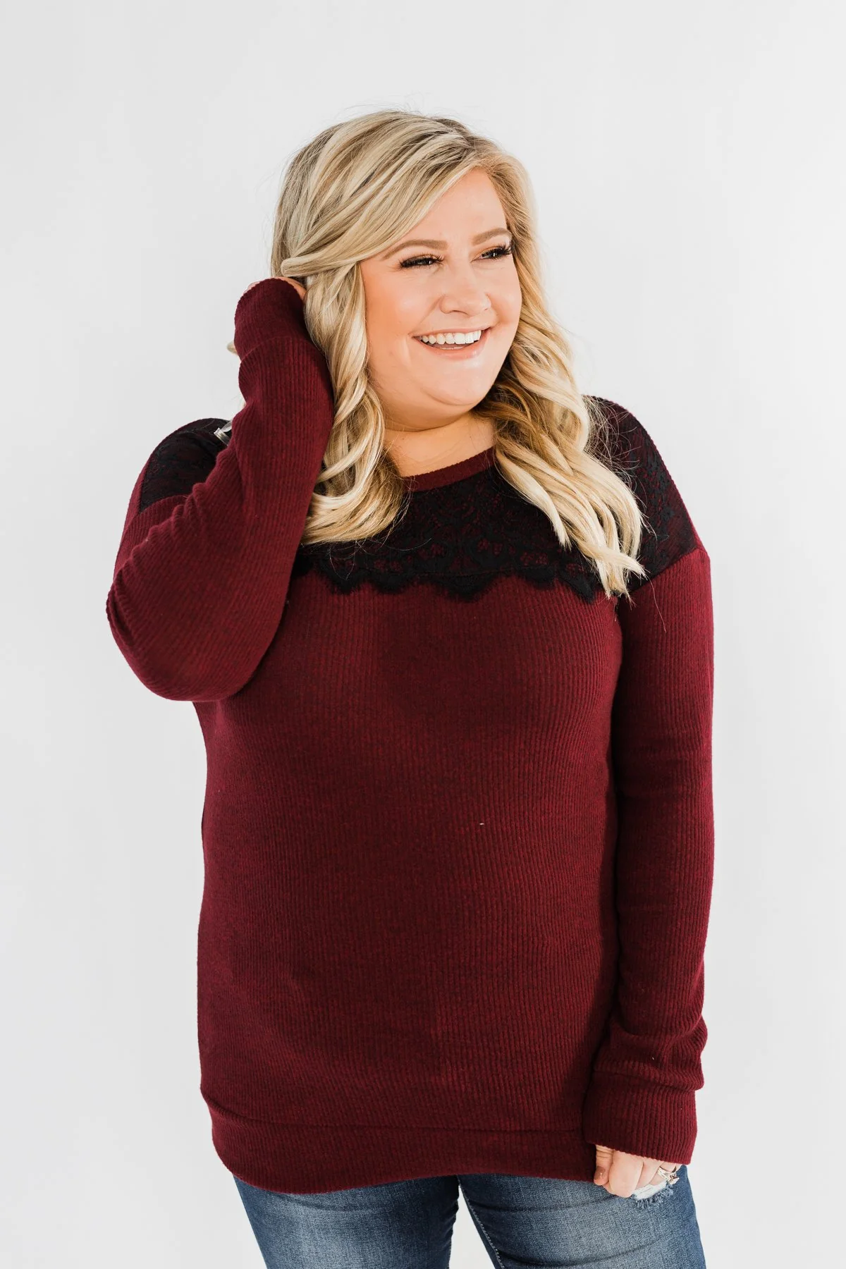 Show Stopper Black Lace Top- Burgundy - Image 7