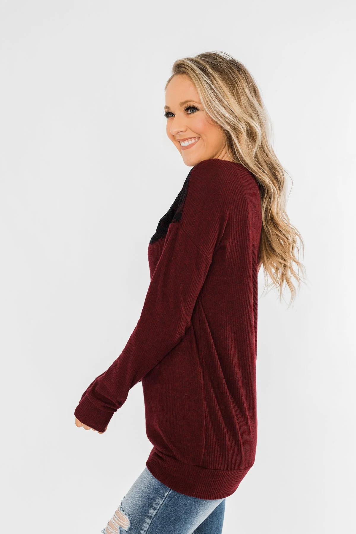 Show Stopper Black Lace Top- Burgundy - Image 8