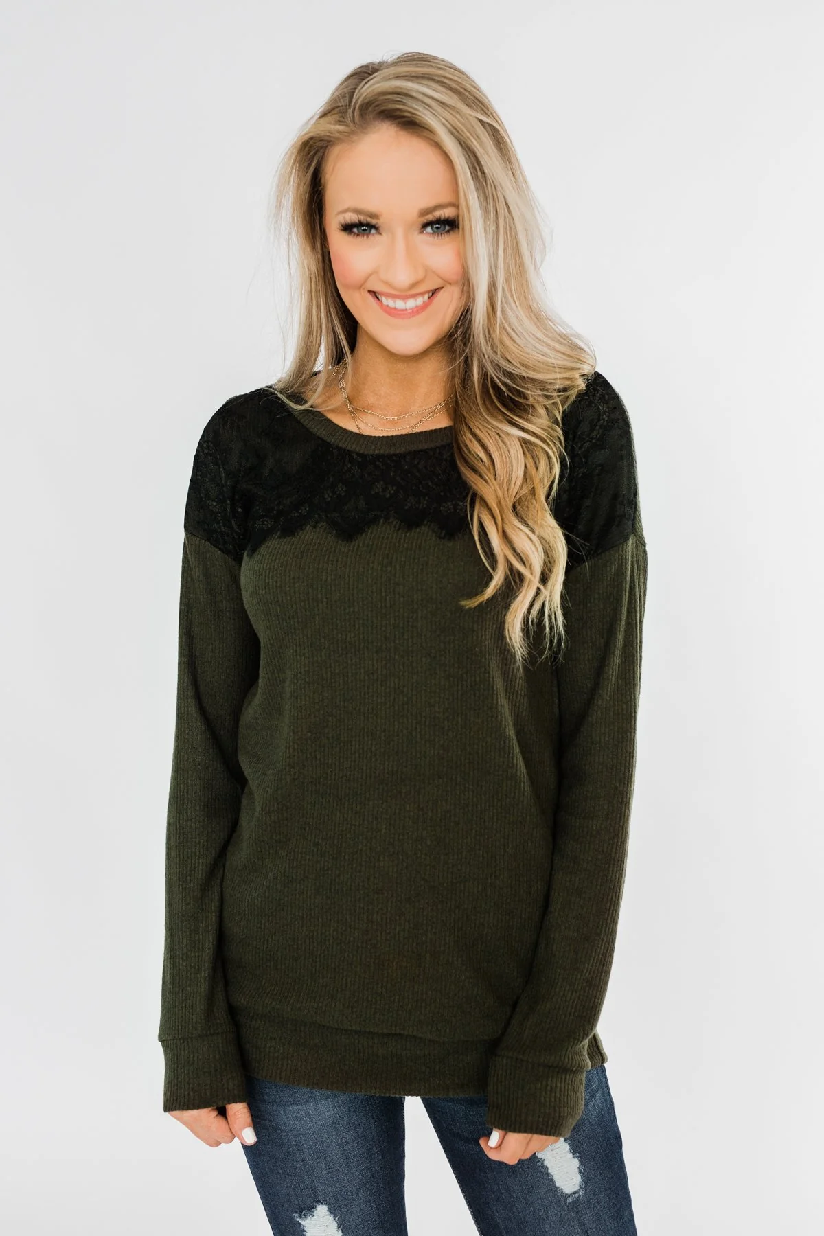 Show Stopper Black Lace Top- Dark Olive - Image 3