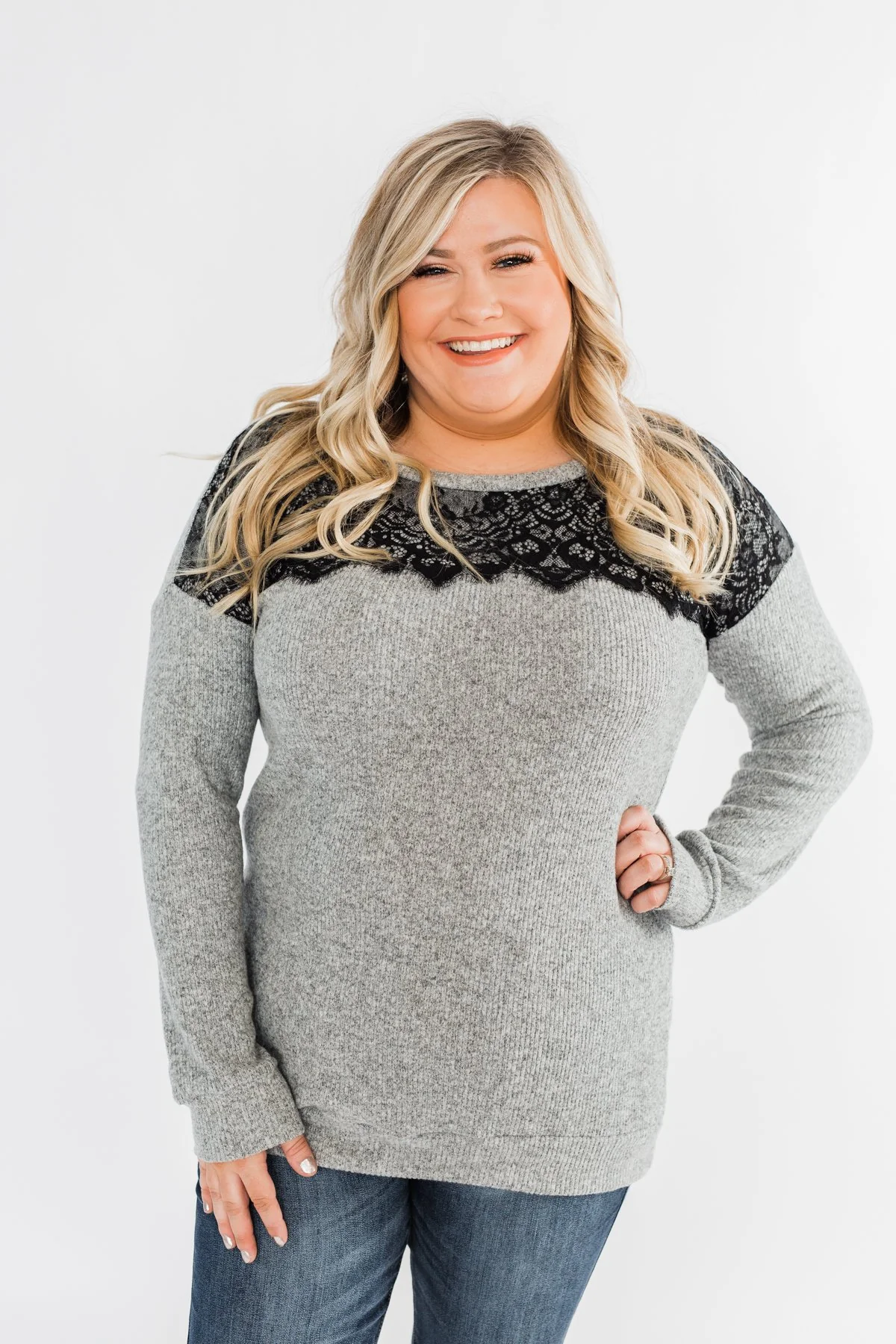 Show Stopper Black Lace Top- Grey - Image 2