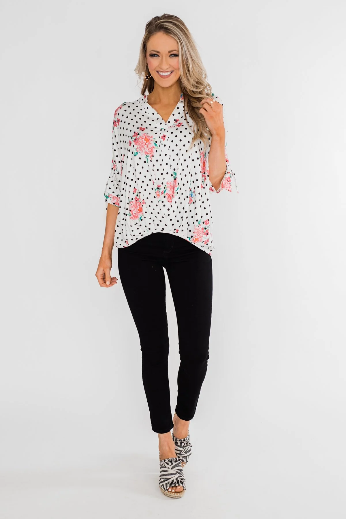 Show You Off Polka Dot & Floral Top- Ivory - Image 4