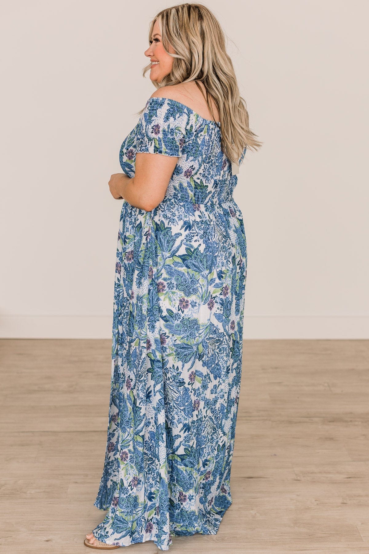 Show Your Radiance Smocked Maxi Dress- Ivory & Blue - Image 6