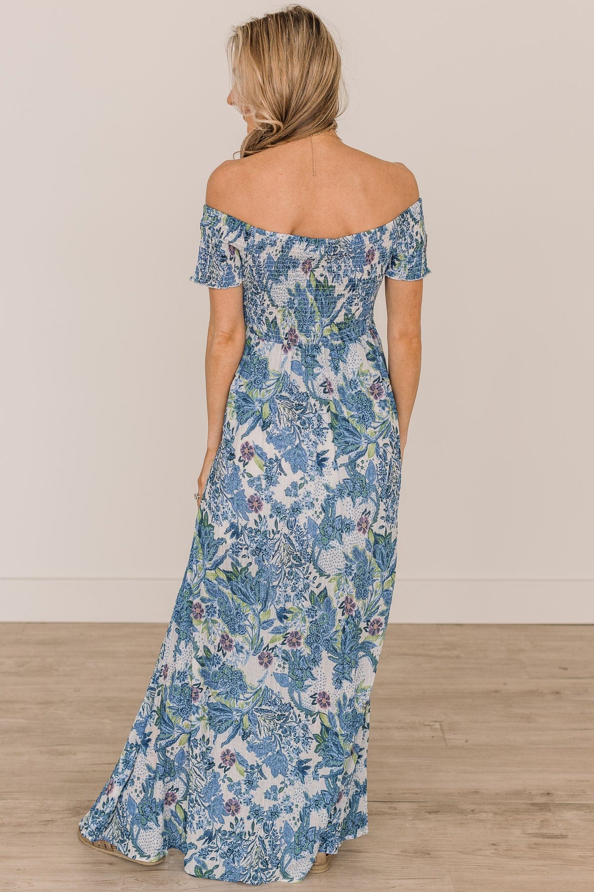 Show Your Radiance Smocked Maxi Dress- Ivory & Blue - Image 8