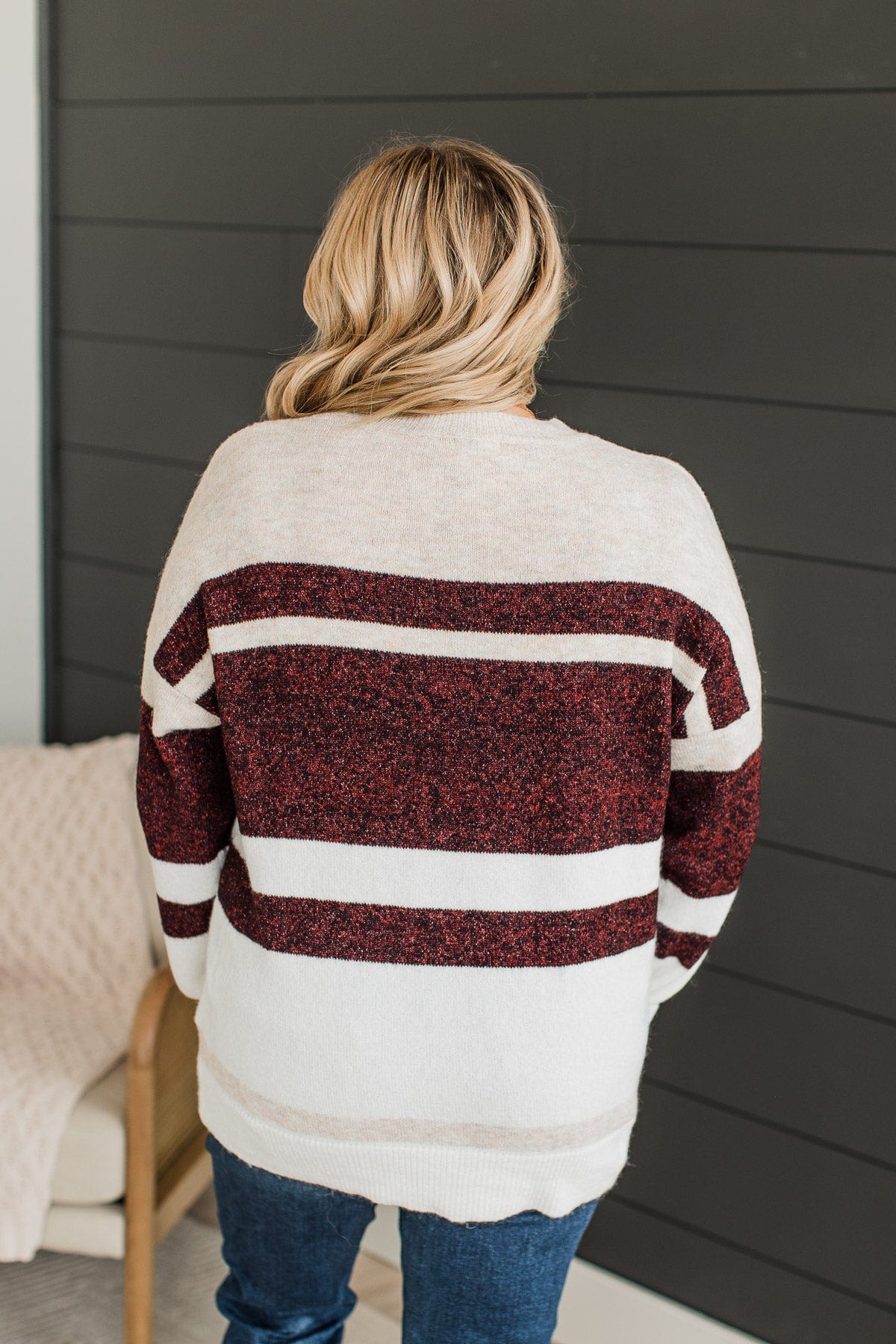 Showering Affections Striped Sweater- Ivory & Burgundy - Image 9