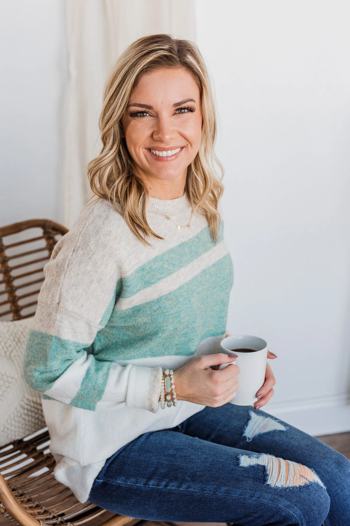 Showering Affections Striped Sweater- Ivory & Teal - Image 6