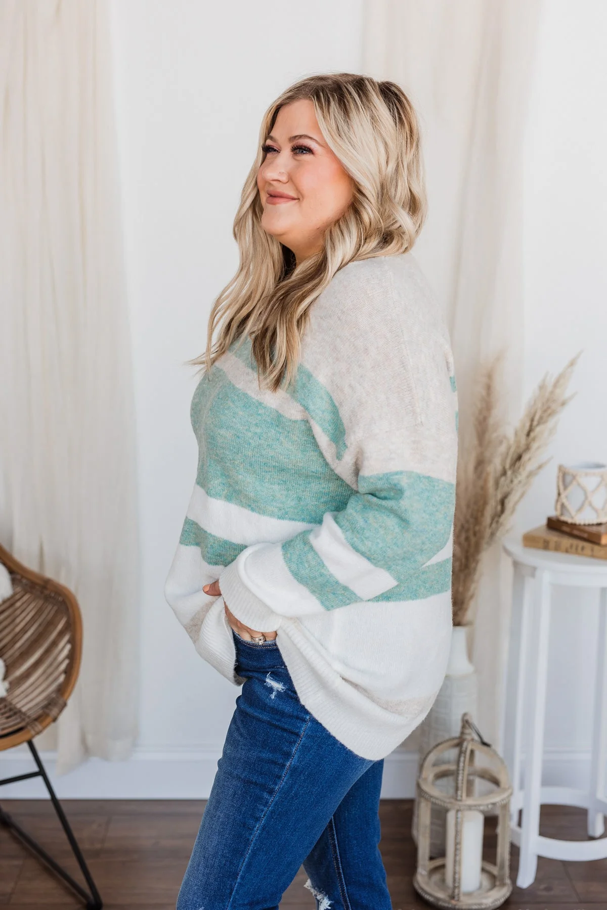 Showering Affections Striped Sweater- Ivory & Teal - Image 7