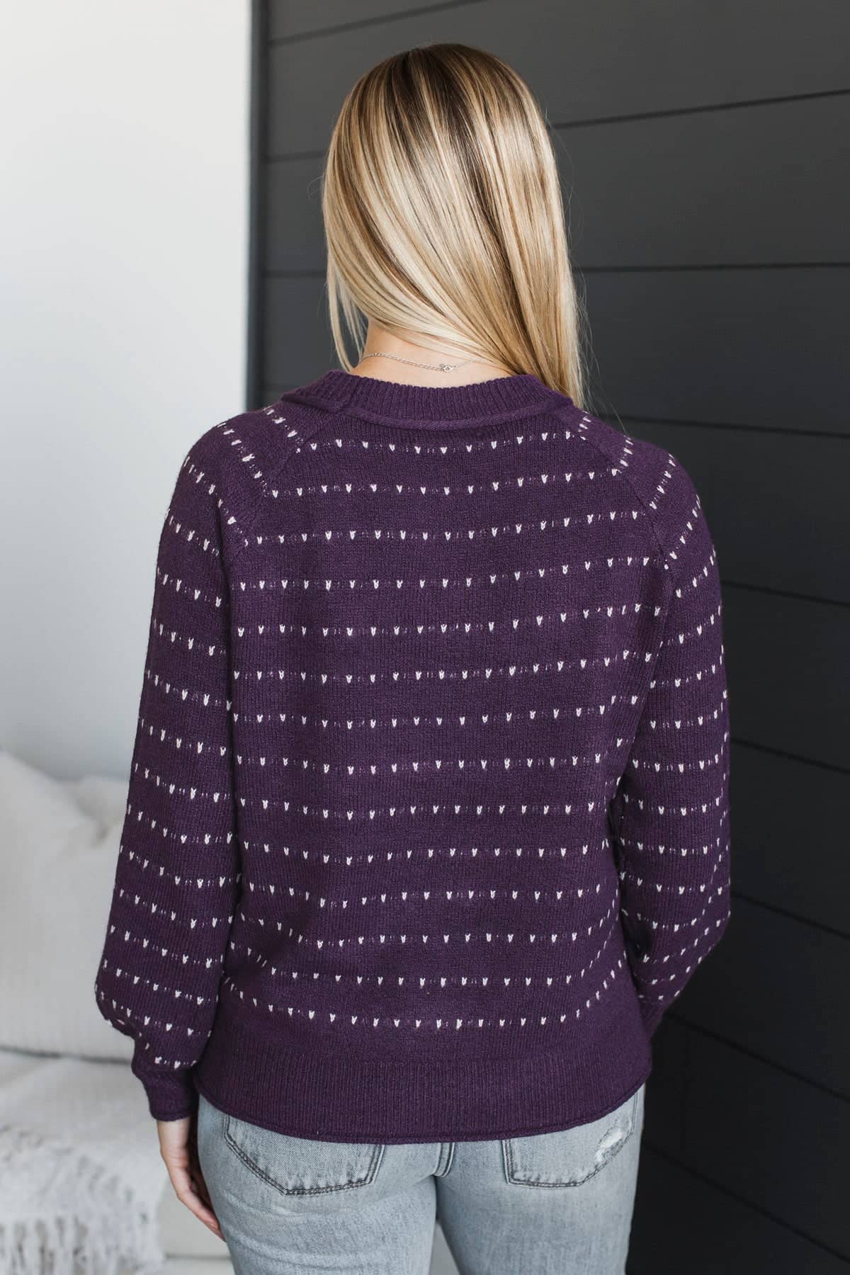Showing Enthusiasm Striped Knit Sweater- Eggplant - Image 7