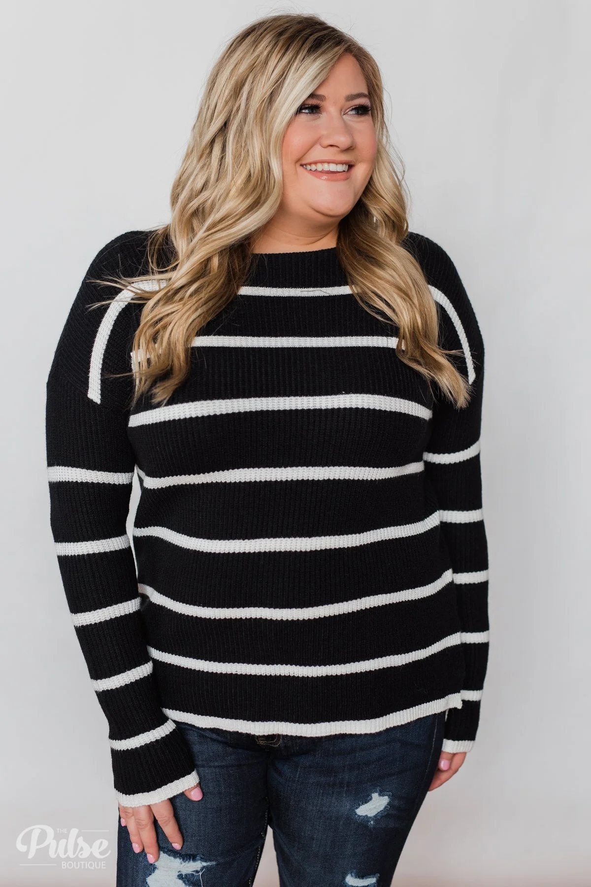 Side by Side Striped Knit Sweater- Black & White - Image 2