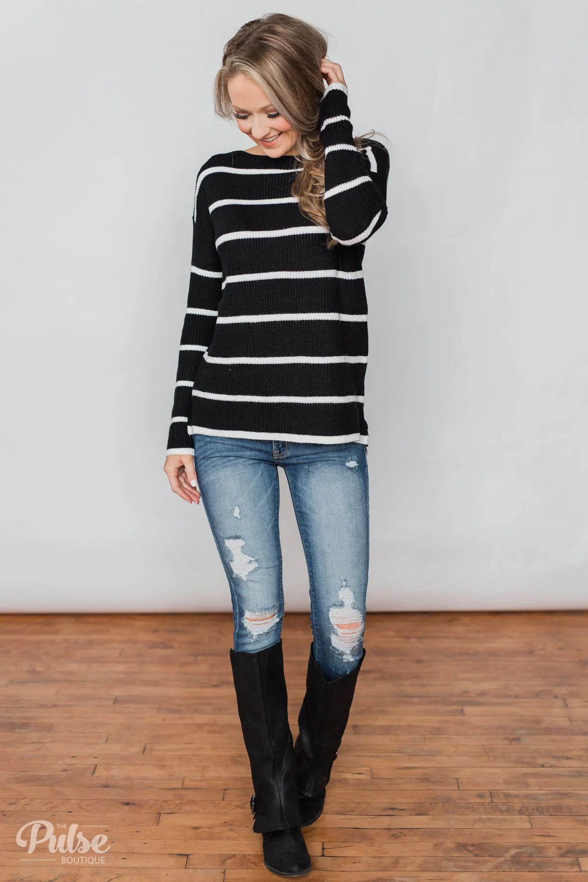 Side by Side Striped Knit Sweater- Black & White - Image 4