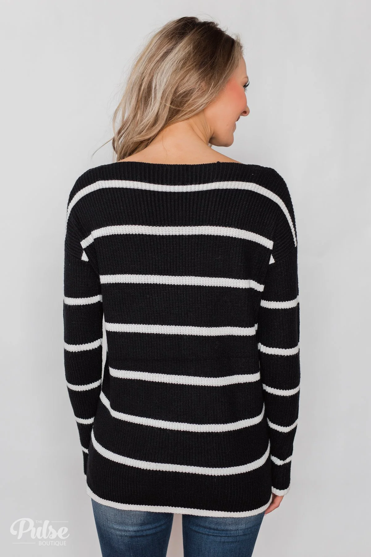 Side by Side Striped Knit Sweater- Black & White - Image 9