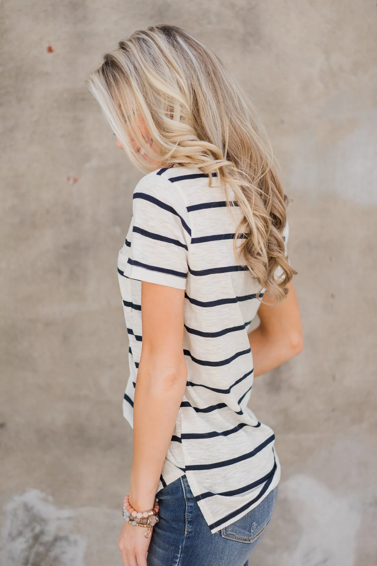 Side to Side Striped Pocket Top- Navy - Image 4