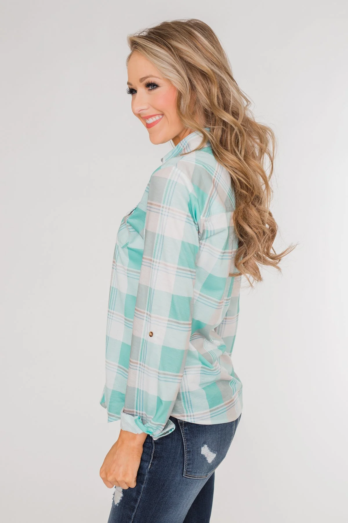 Signals to You Plaid Button-Up Top- Tiffany Blue - Image 11