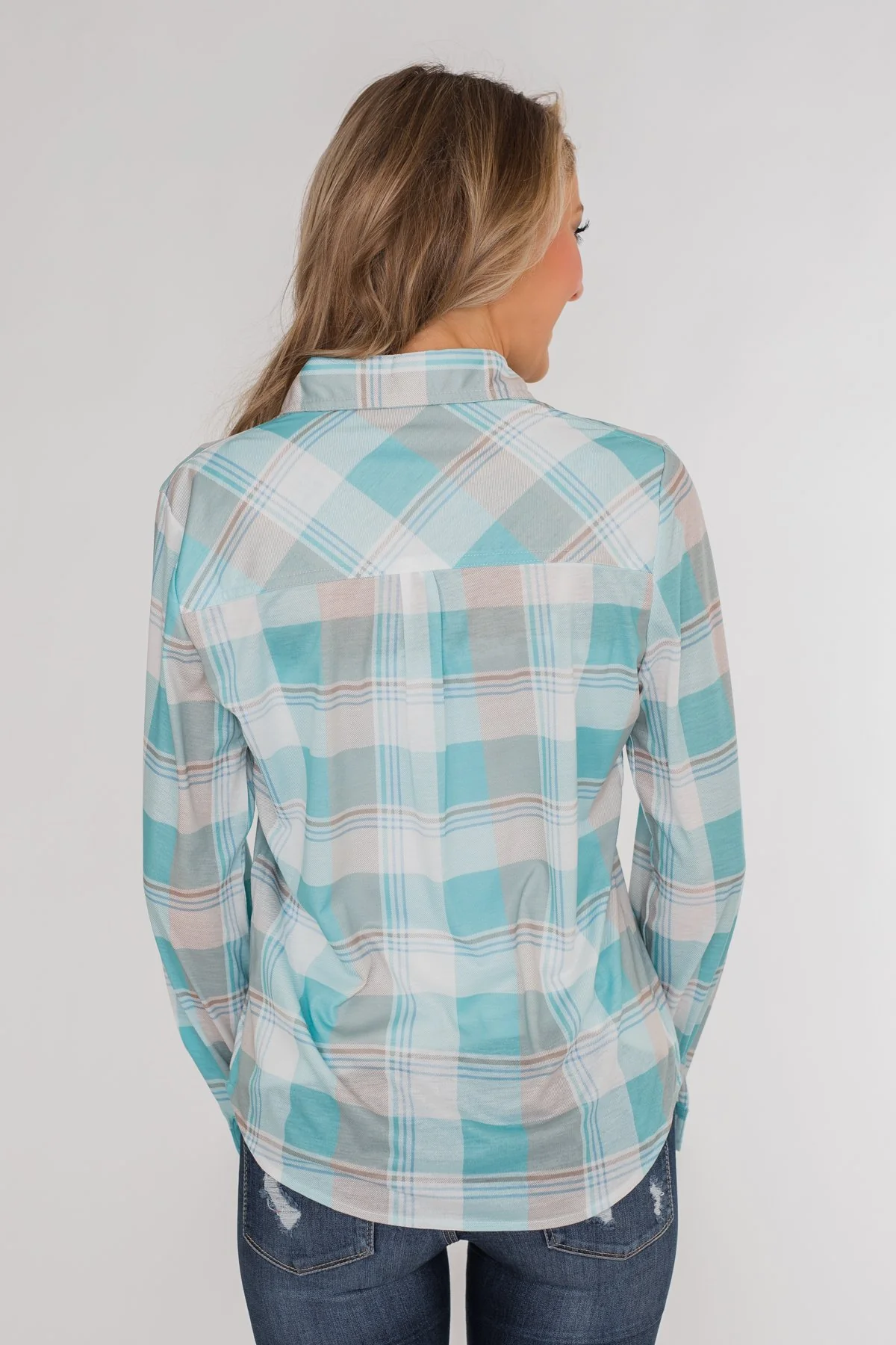 Signals to You Plaid Button-Up Top- Tiffany Blue - Image 12