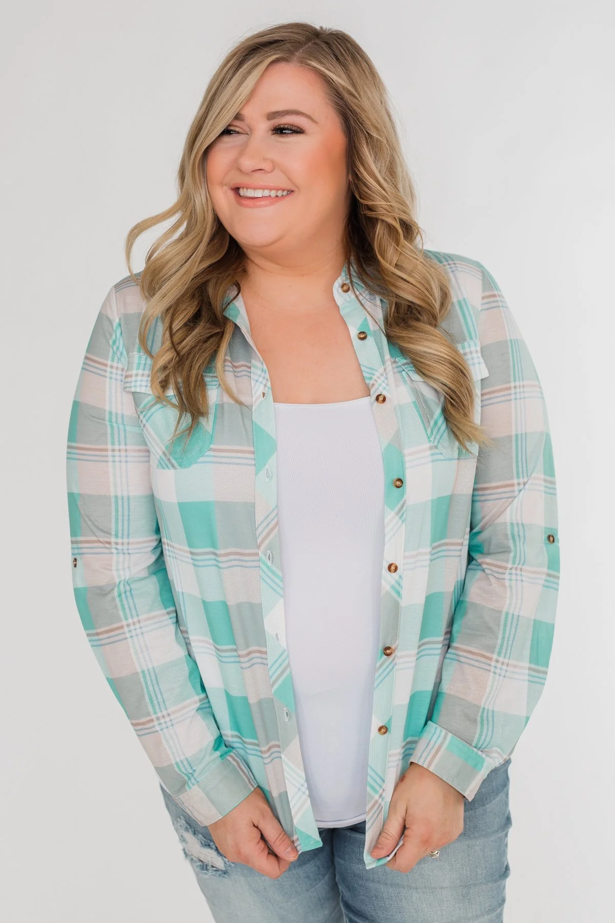 Signals to You Plaid Button-Up Top- Tiffany Blue - Image 13