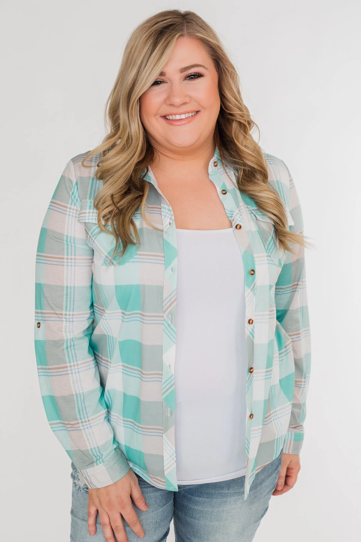 Signals to You Plaid Button-Up Top- Tiffany Blue - Image 14