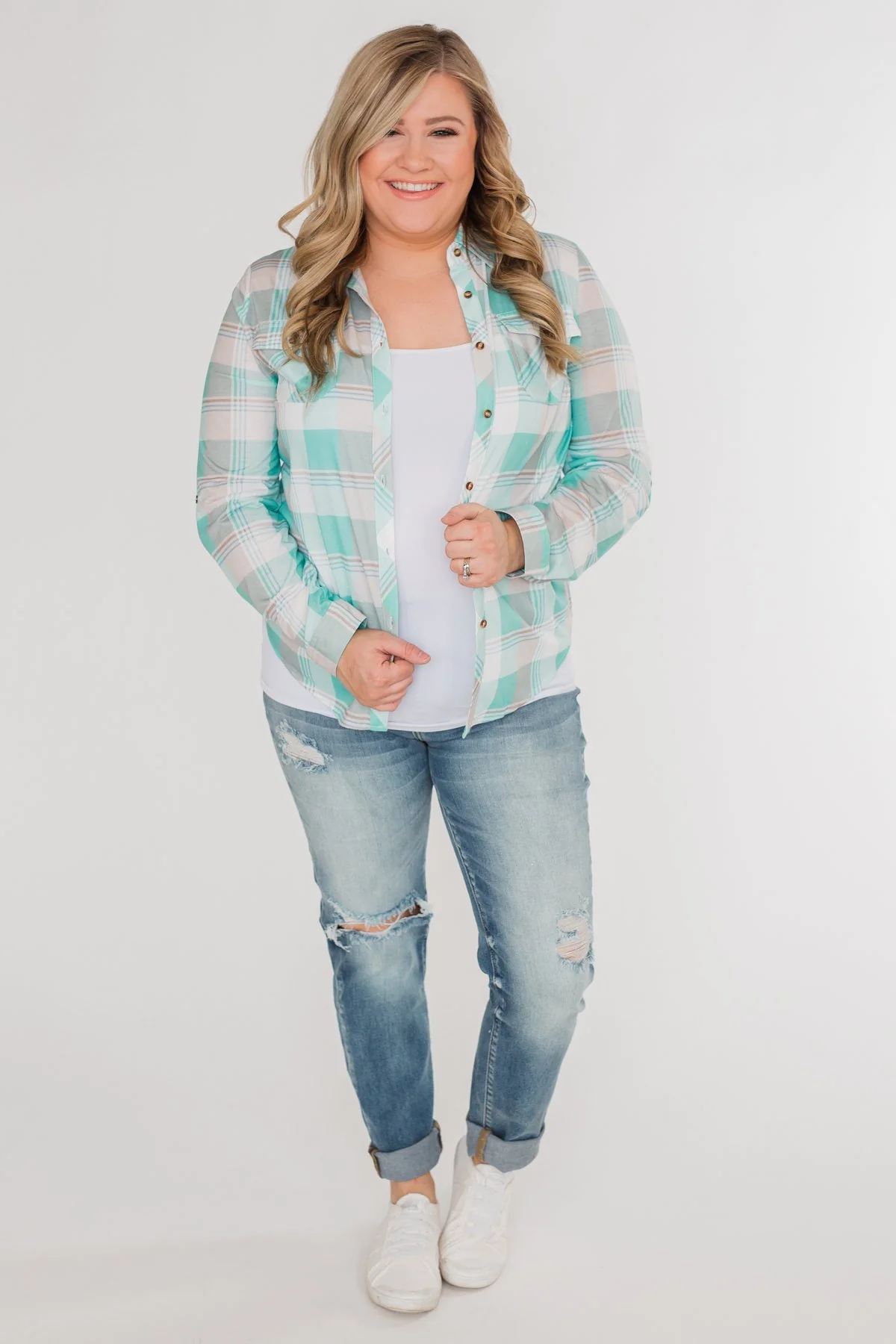 Signals to You Plaid Button-Up Top- Tiffany Blue - Image 6