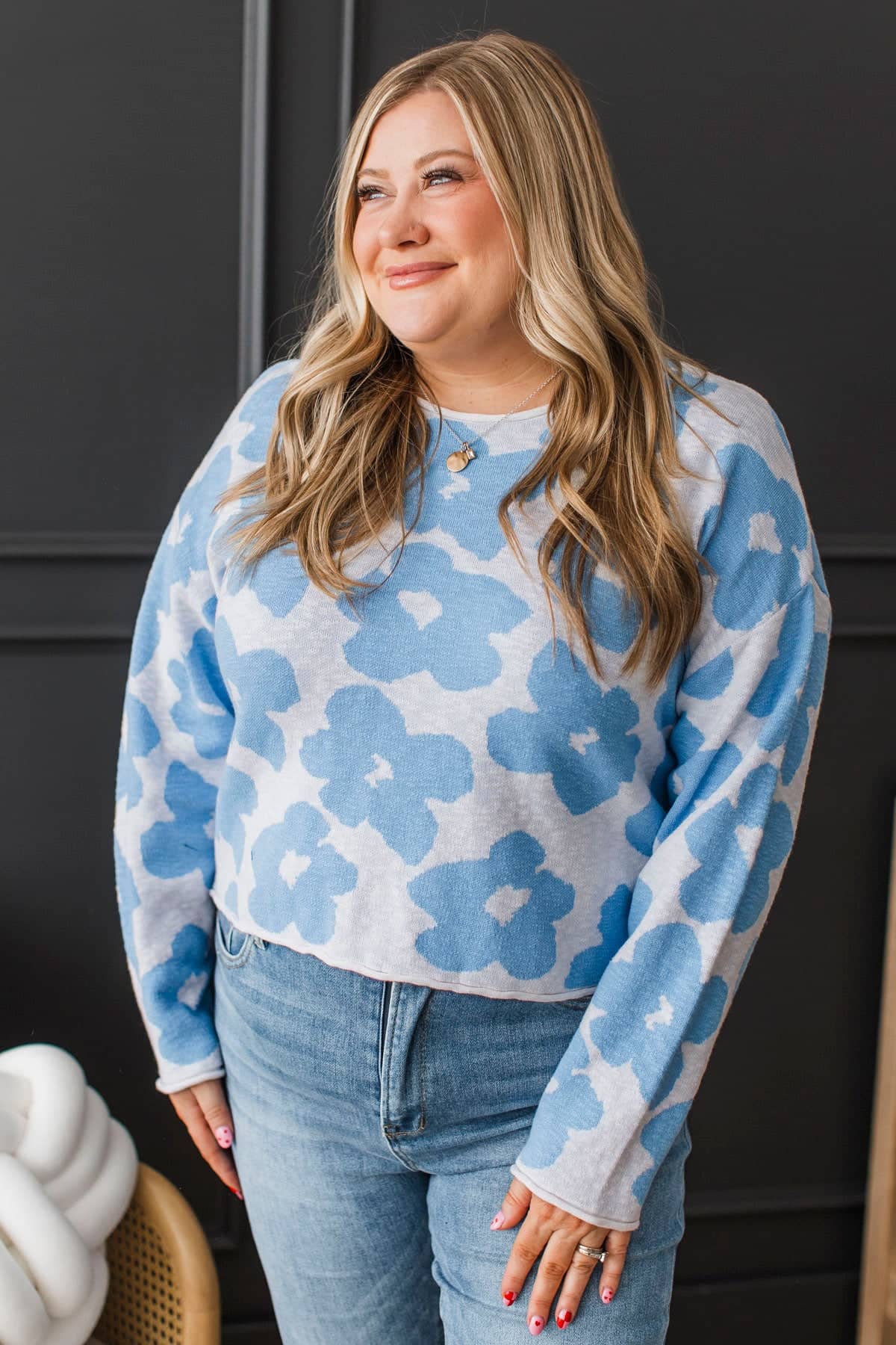 Signature Move Floral Knit Sweater- Ivory & Blue - Image 2