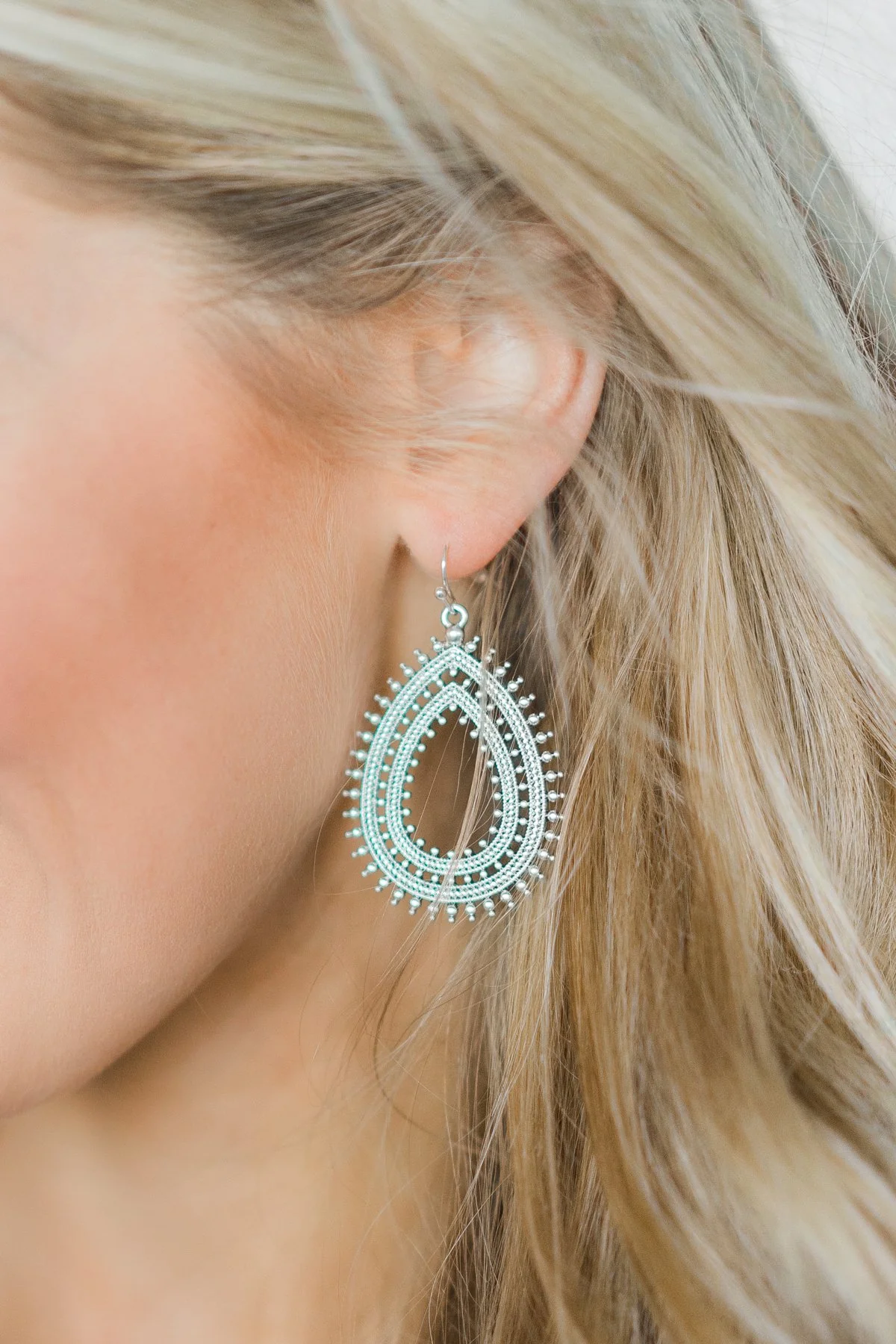 Pulse Perk ~ Silver Beaded Teardrop Hoop Earrings