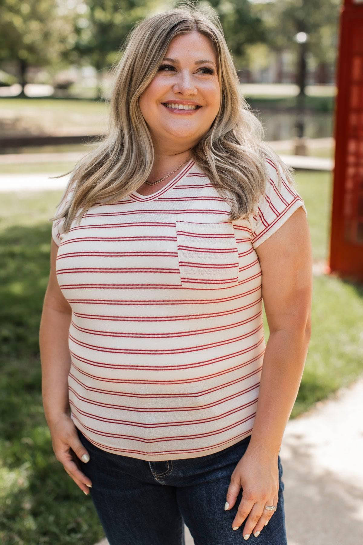 Simple As That Striped Top- Ivory & Red - Image 2