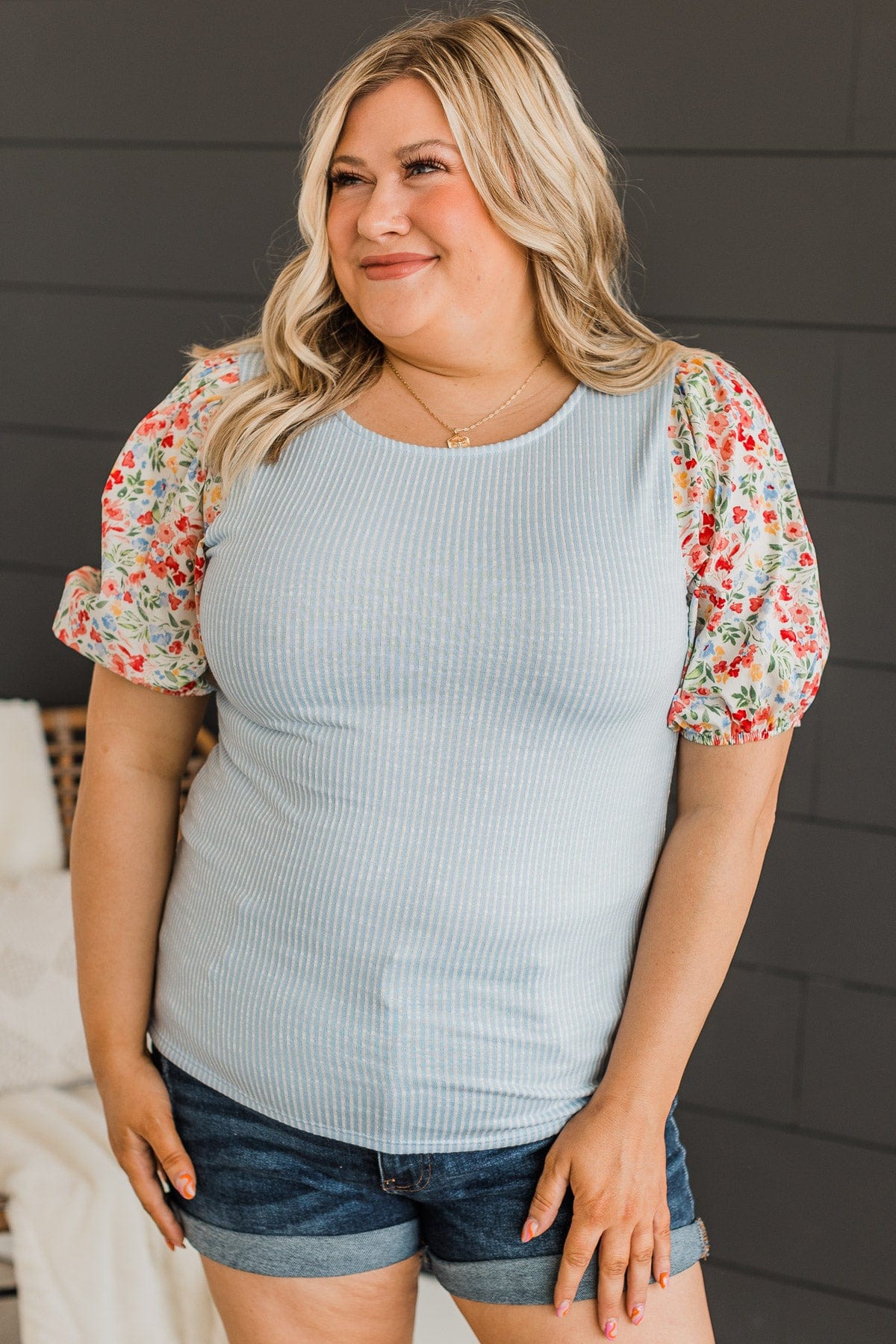 Simple Bliss Puff Sleeve Top- Blue - Image 4