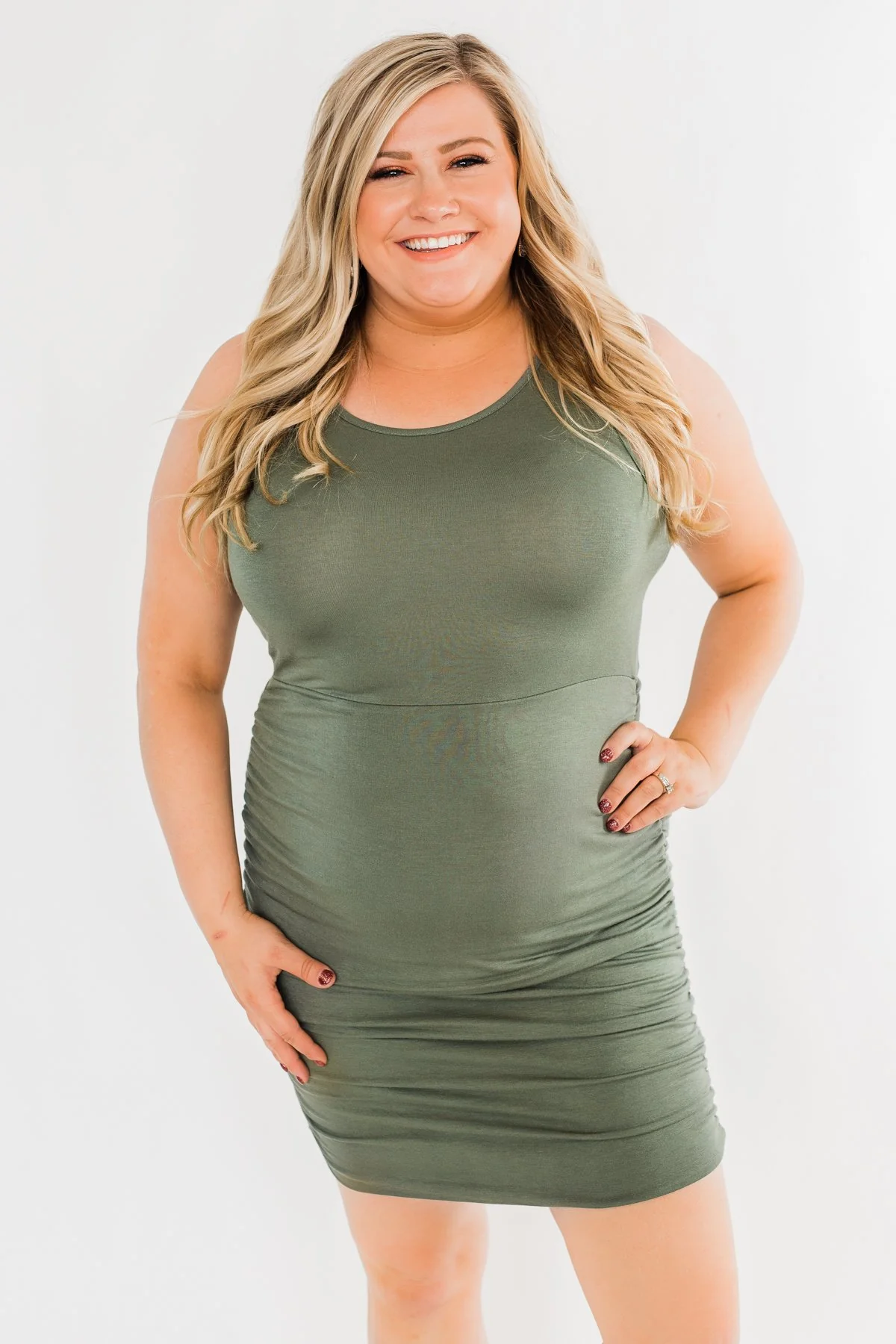 Simple & Chic Cinched Fitted Dress- Olive - Image 2
