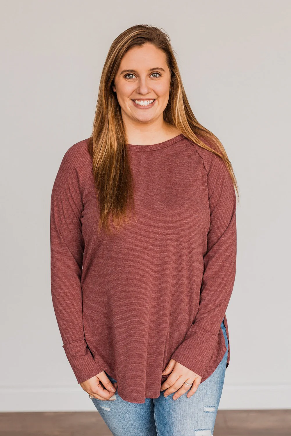 Simple & Cute Long Sleeve Top- Burgundy - Image 4