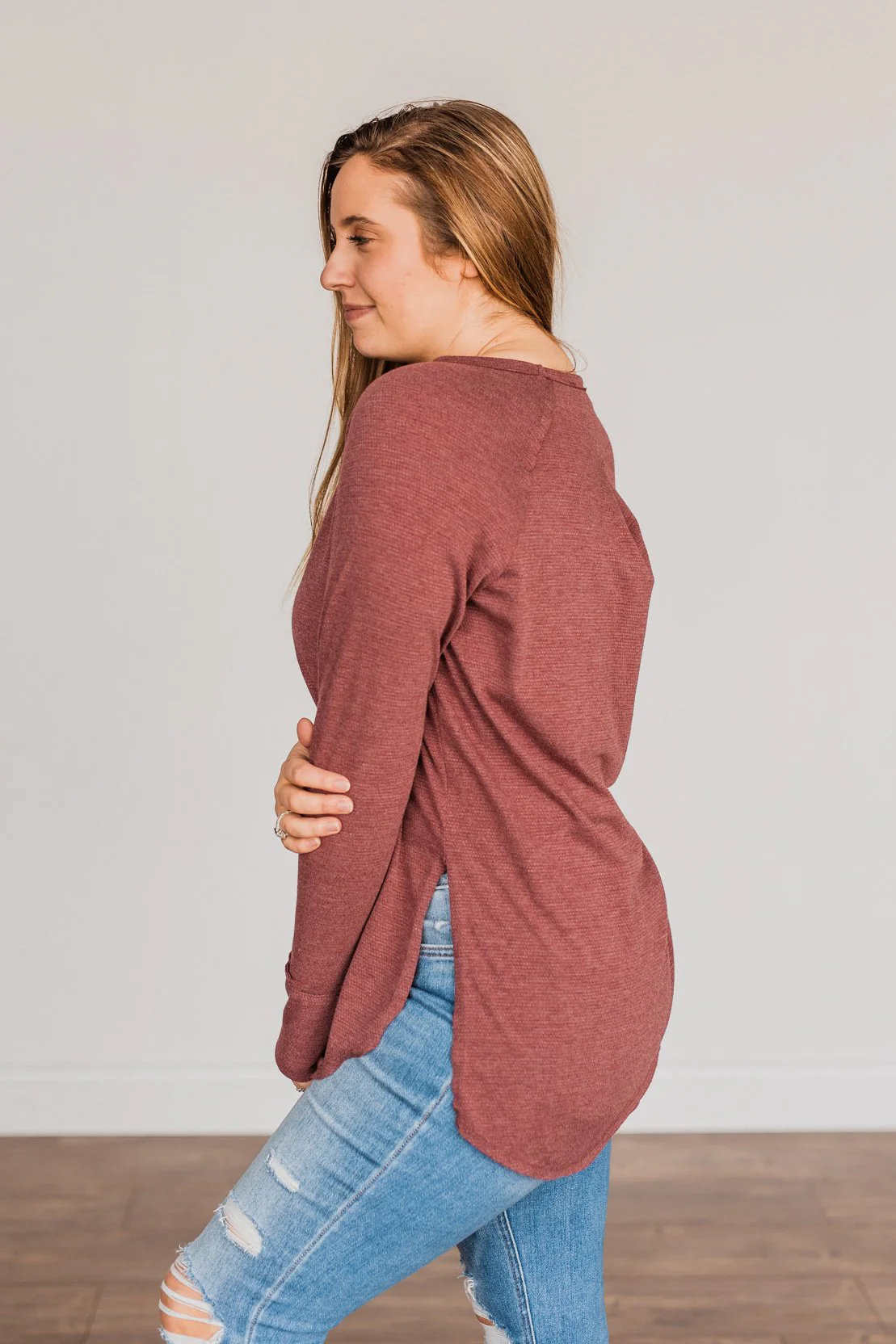 Simple & Cute Long Sleeve Top- Burgundy - Image 8