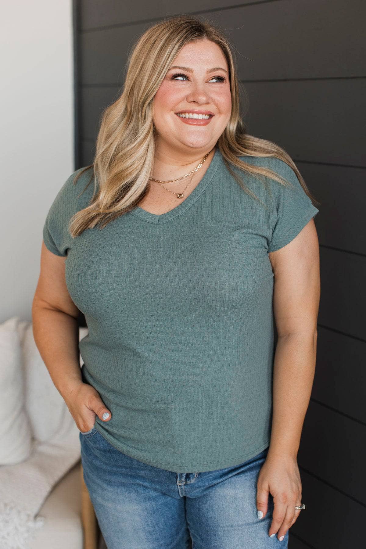 Simple Devotion V-Neck Top- Dusty Jade